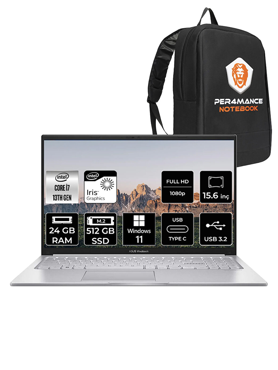 ASUS Vivobook 15 X1504VA i7 1355U 24GB RAM 512GB SSD 15.6'' FHD W11PRO NJ412 & PER4 ÇANTA