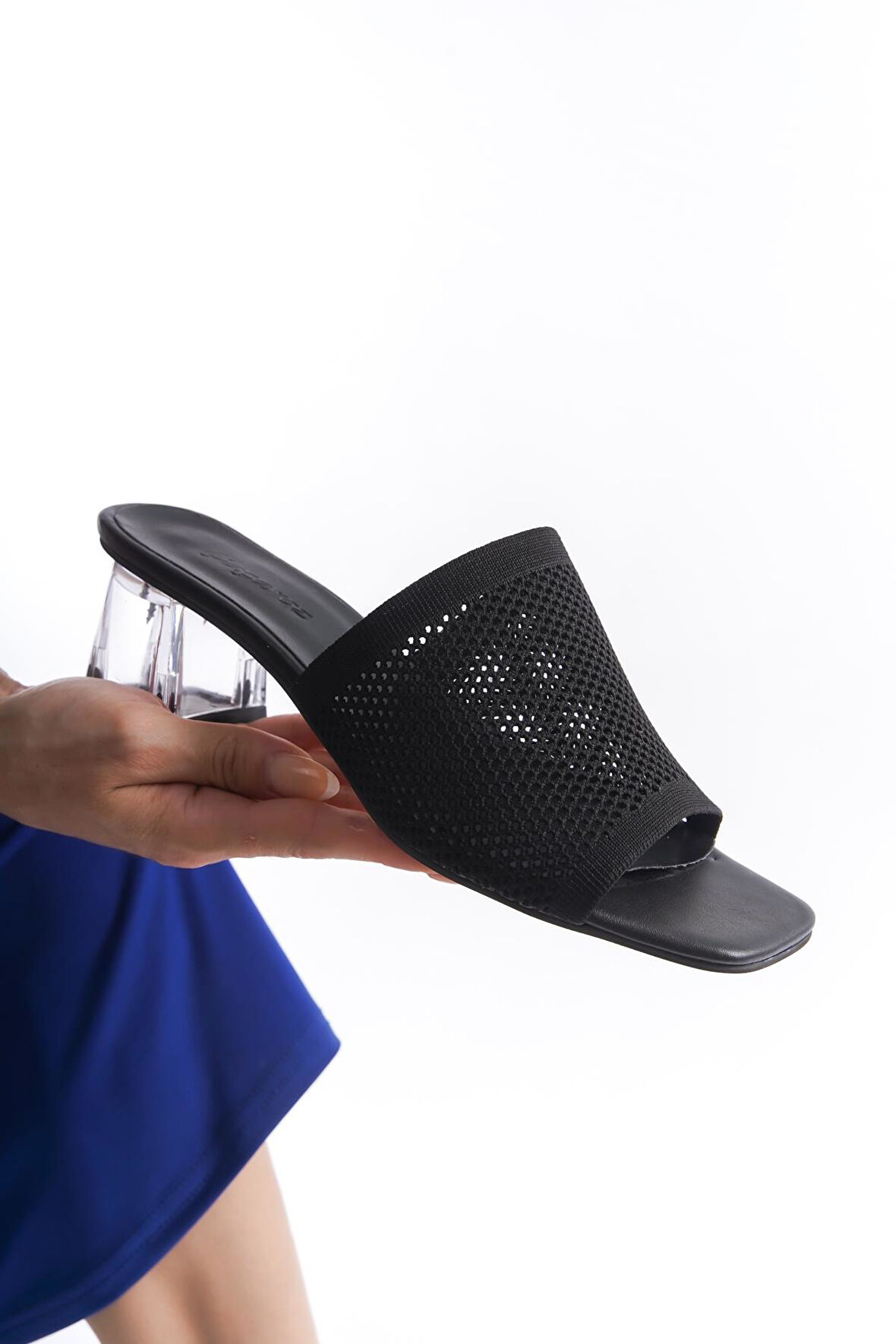 Triko Şeffaf Ökçe Topuklu Büyük Numara Kadın Terlik