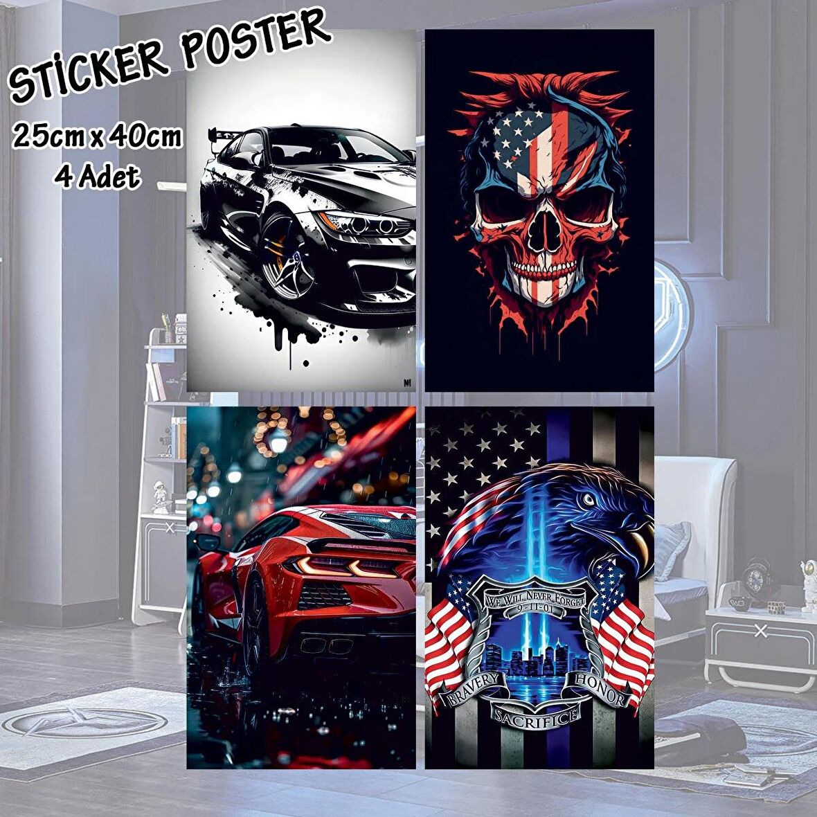 spor araba amerika bayraklı iskelet kartal - 4 adet yapışkanlı poster sticker etiketler - dolap cam oda için