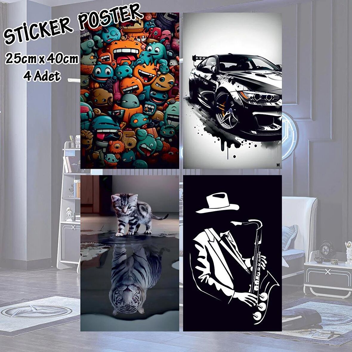 jazz smiley spor araba kedi kaplan - 4 adet yapışkanlı poster sticker etiketler - dolap cam oda için