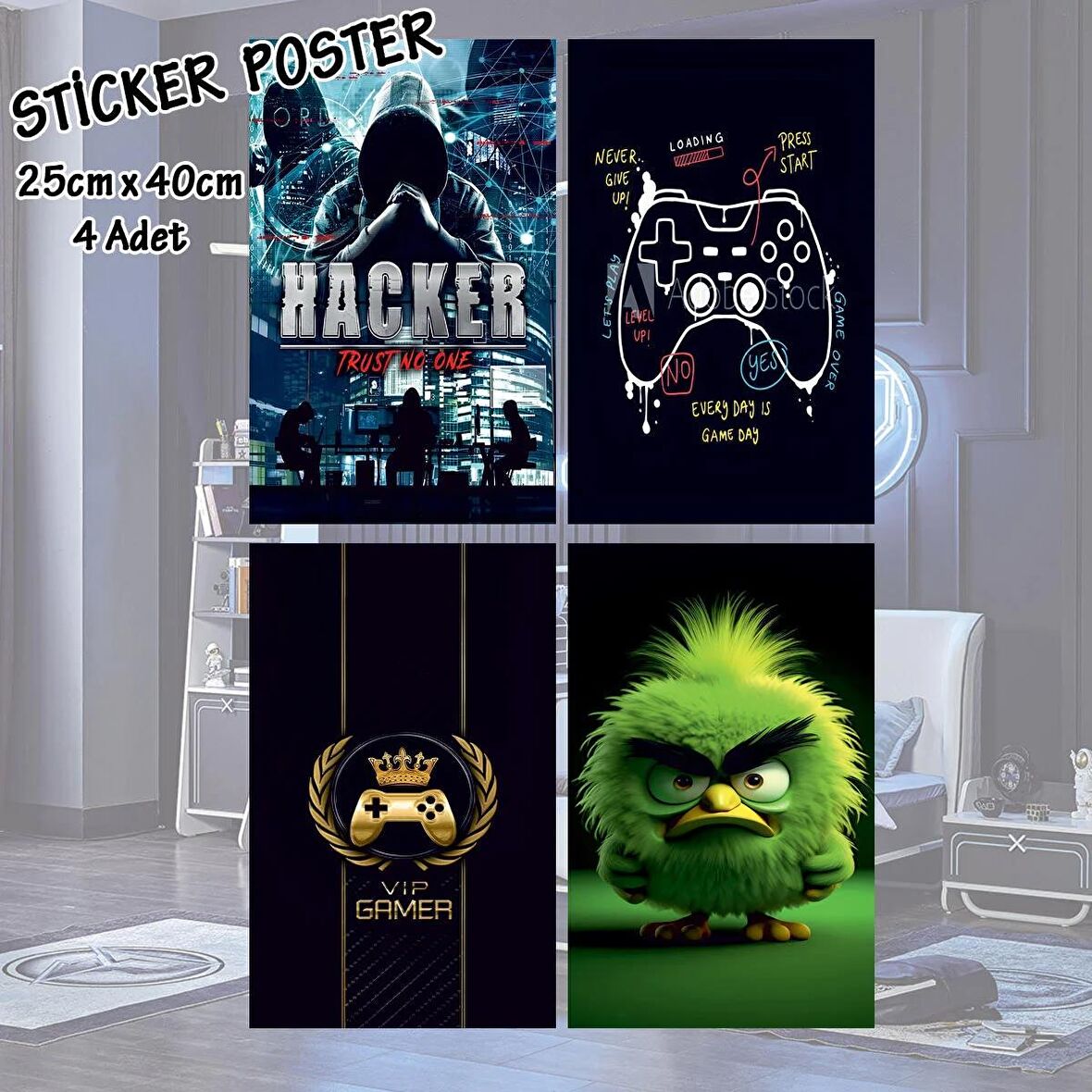 hacker vip gamer oyuncu joystick - 4 adet yapışkanlı poster sticker etiketler - dolap cam oda için