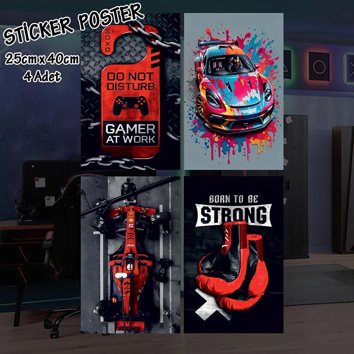 renkli araba sporcu eldiveni formula - 4 adet yapışkanlı poster sticker etiketler - dolap cam oda için