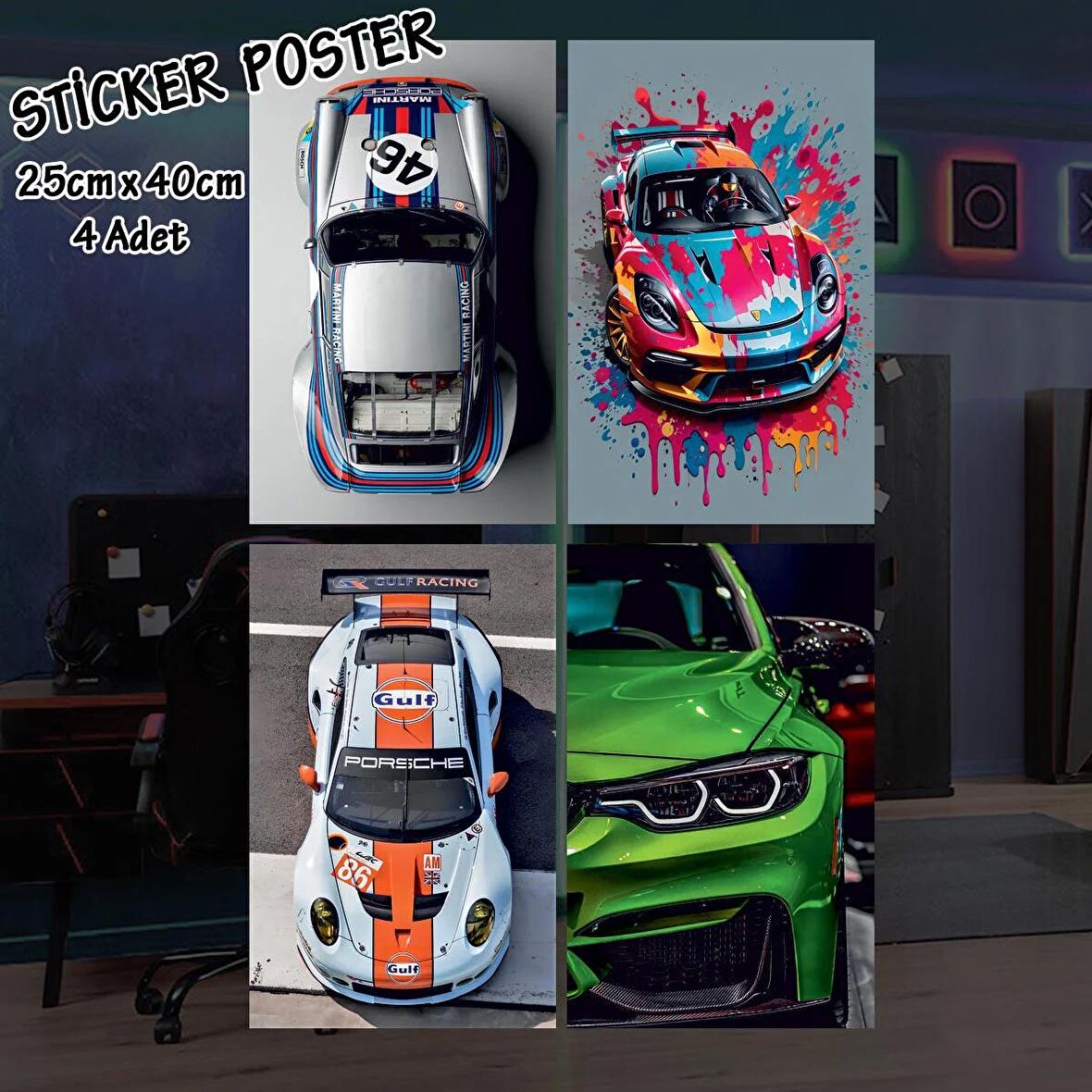renkli spor yarış arabaları - 4 adet yapışkanlı poster sticker etiketler - dolap cam oda için