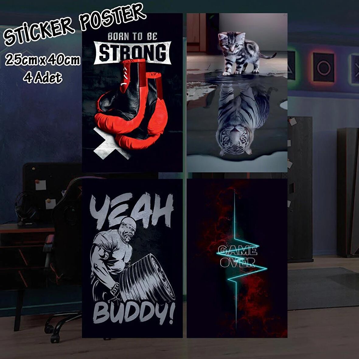game over spor motive - 4 adet yapışkanlı poster sticker etiketler - dolap cam oda için