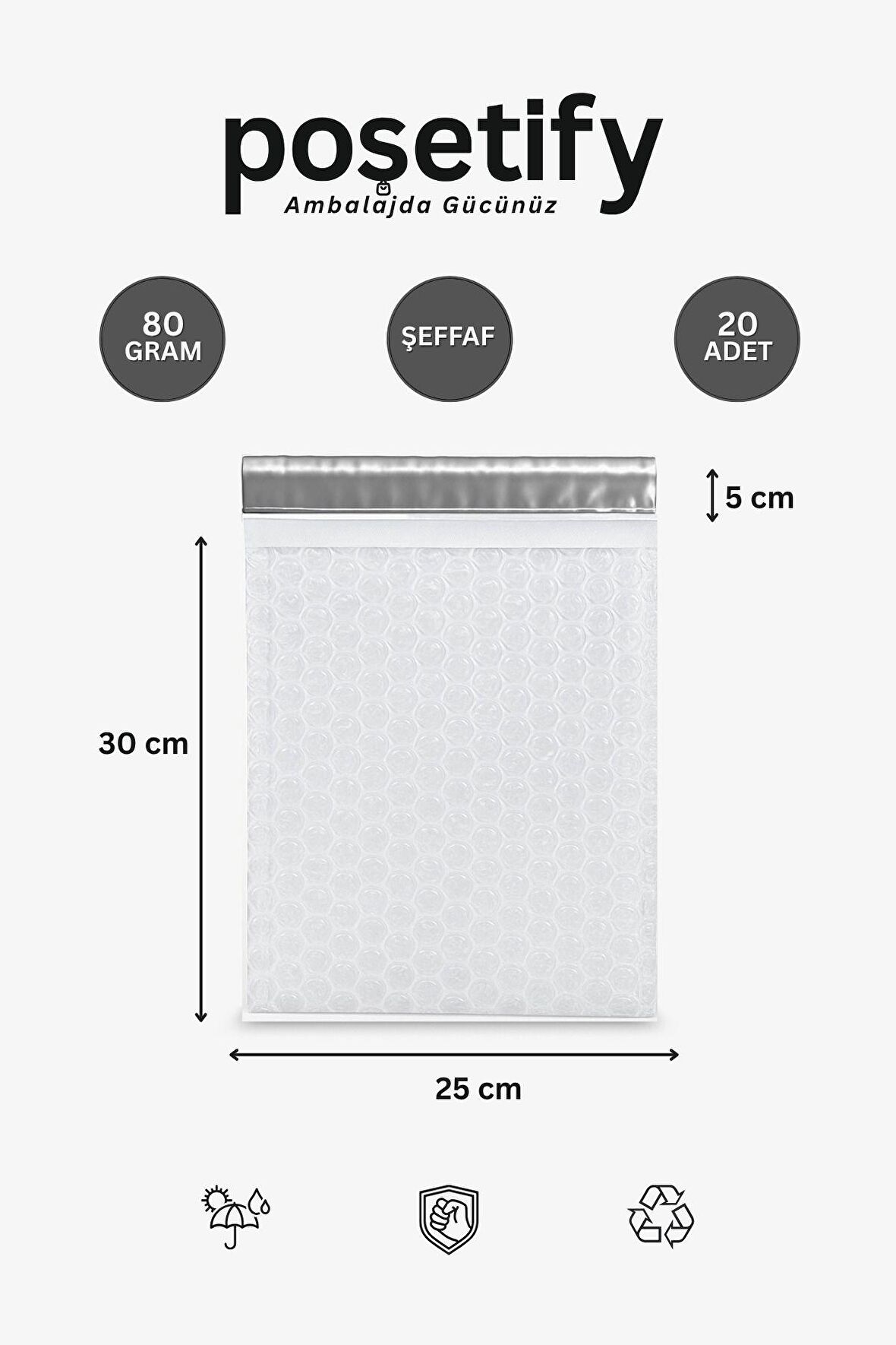 Balonlu Şeffaf Kargo Poşeti 25X30+5 cm | 80 gr Bantlı Patpatlı Kargo Poşeti | 20’li E-Ticaret Poşeti