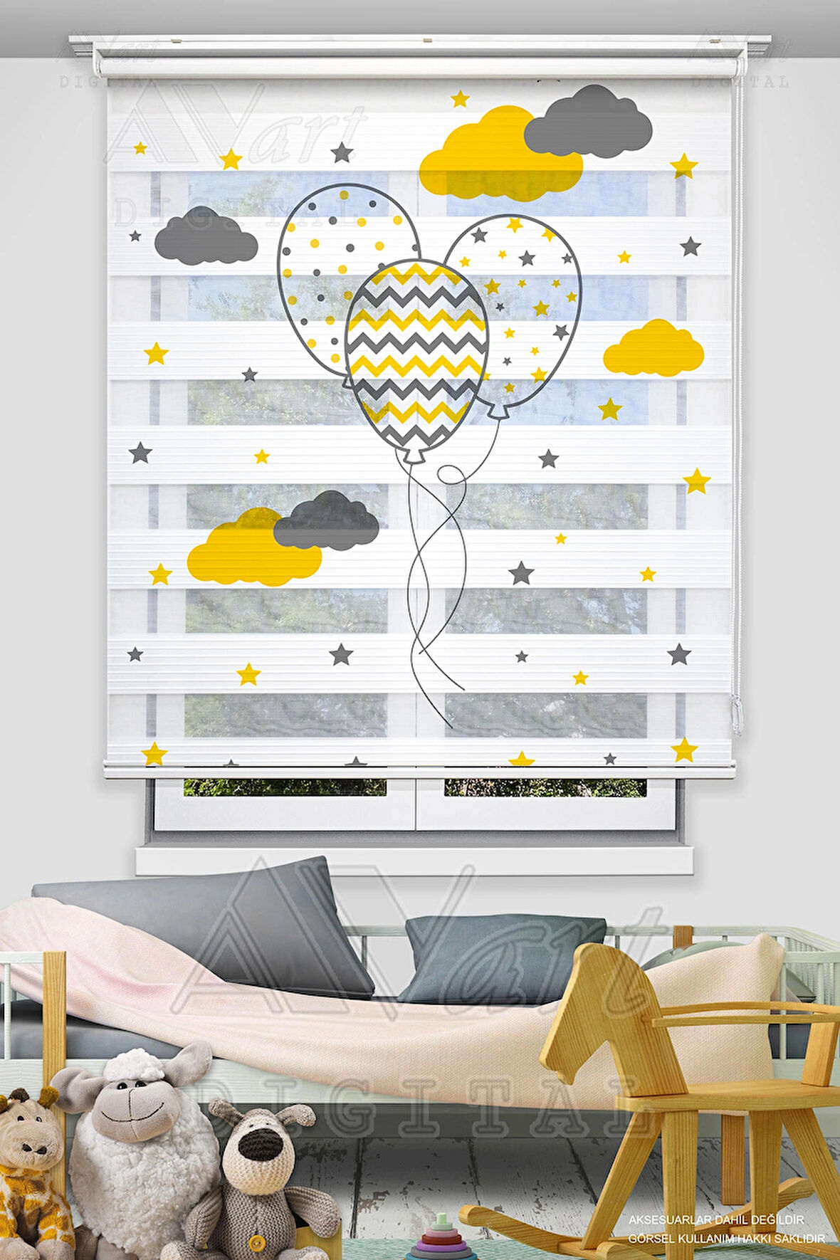 Uçan Balon Baskılı Çocuk Odası Perdesi - Sarı Gri - Dijital Baskılı Zebra Stor Perde