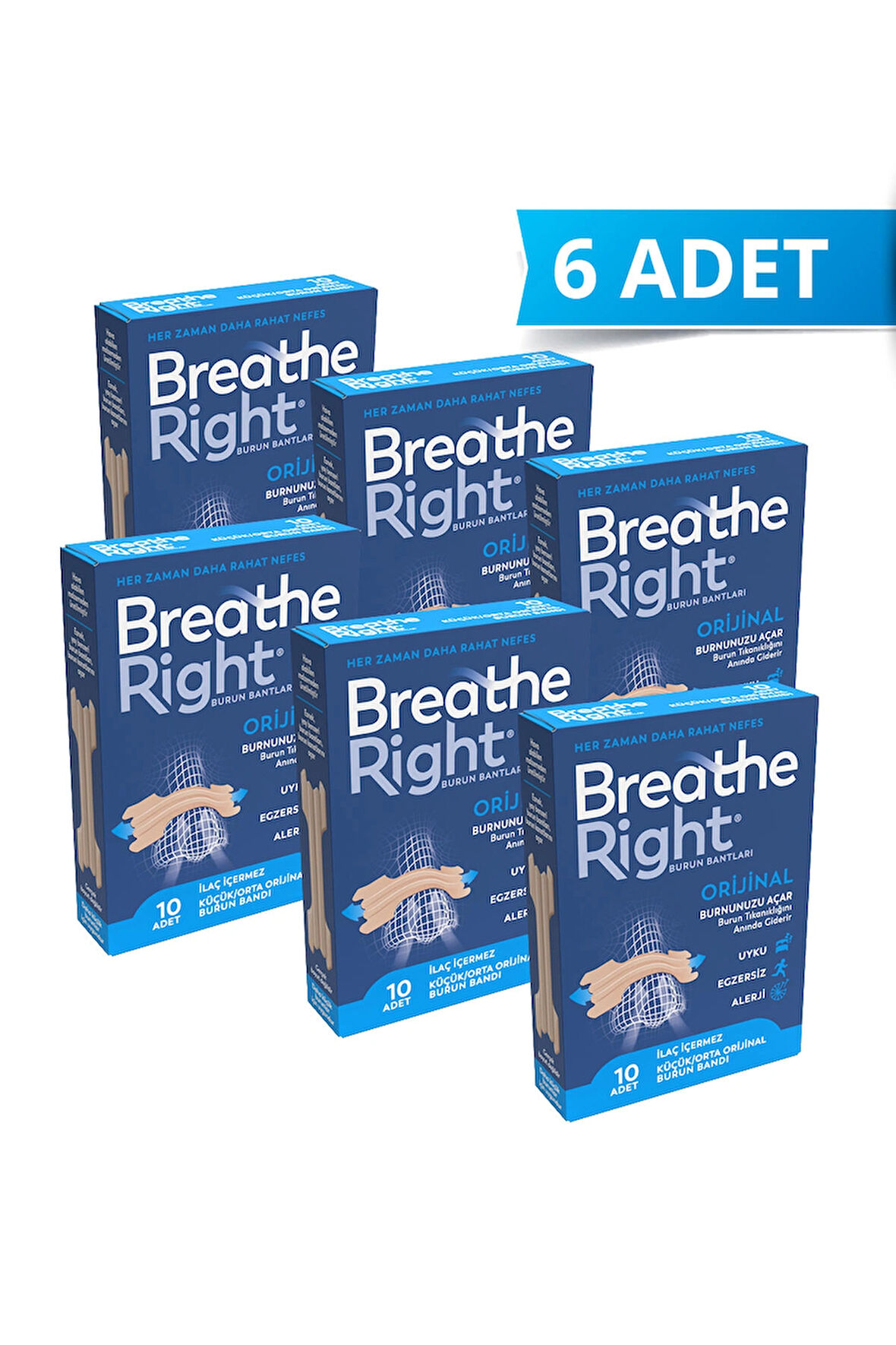 Breathe Right Burun Bandı Orijinal (Klasik) Küçük/Orta 10’lu, 6 Kutu