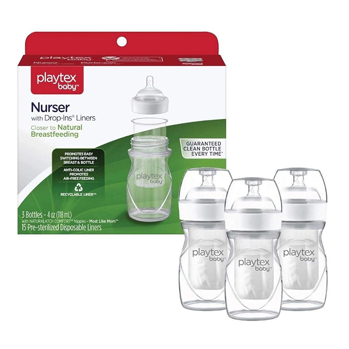 Playtex Baby ™ Nurser® Yenidoğan Bebek Biberon &  Liners®  Seti - 100% Anti-Kolik - 118ml, 3 Adet Biberon & 15 Adet Sterilize Tek Kullanımlık Liners Biberon Torbaları, 0+ Ay,Yavaş Akış 