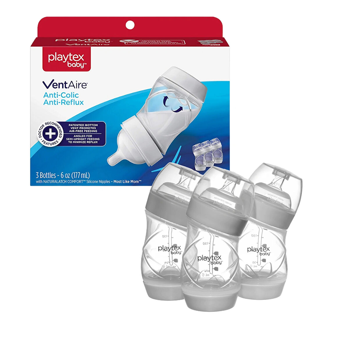 Playtex Baby™ Ventaire® Yenidoğan  Bebek Biberonu, Kolik & Reflü Önlemeye Yardımcı, 178 ml, 0+ Ay,Yavaş Akış, 3 Adet 