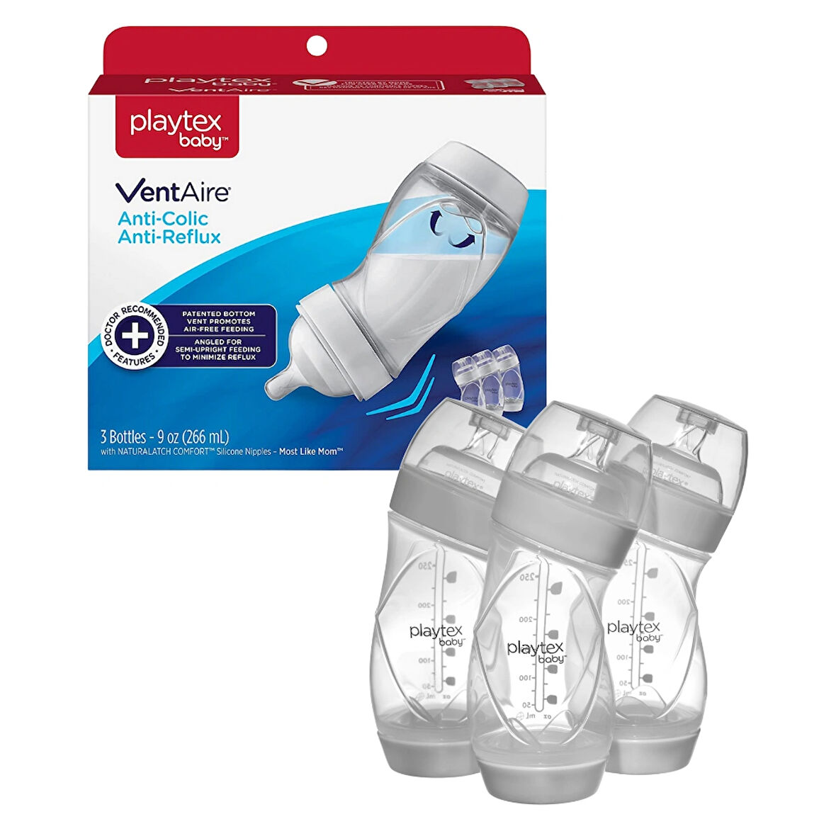 Playtex Baby™ Ventaire® Bebek Biberonu,  Kolik & Reflü Önlemeye Yardımcı, 266 ml ,3+ Ay,Orta Akış, 3Adet 