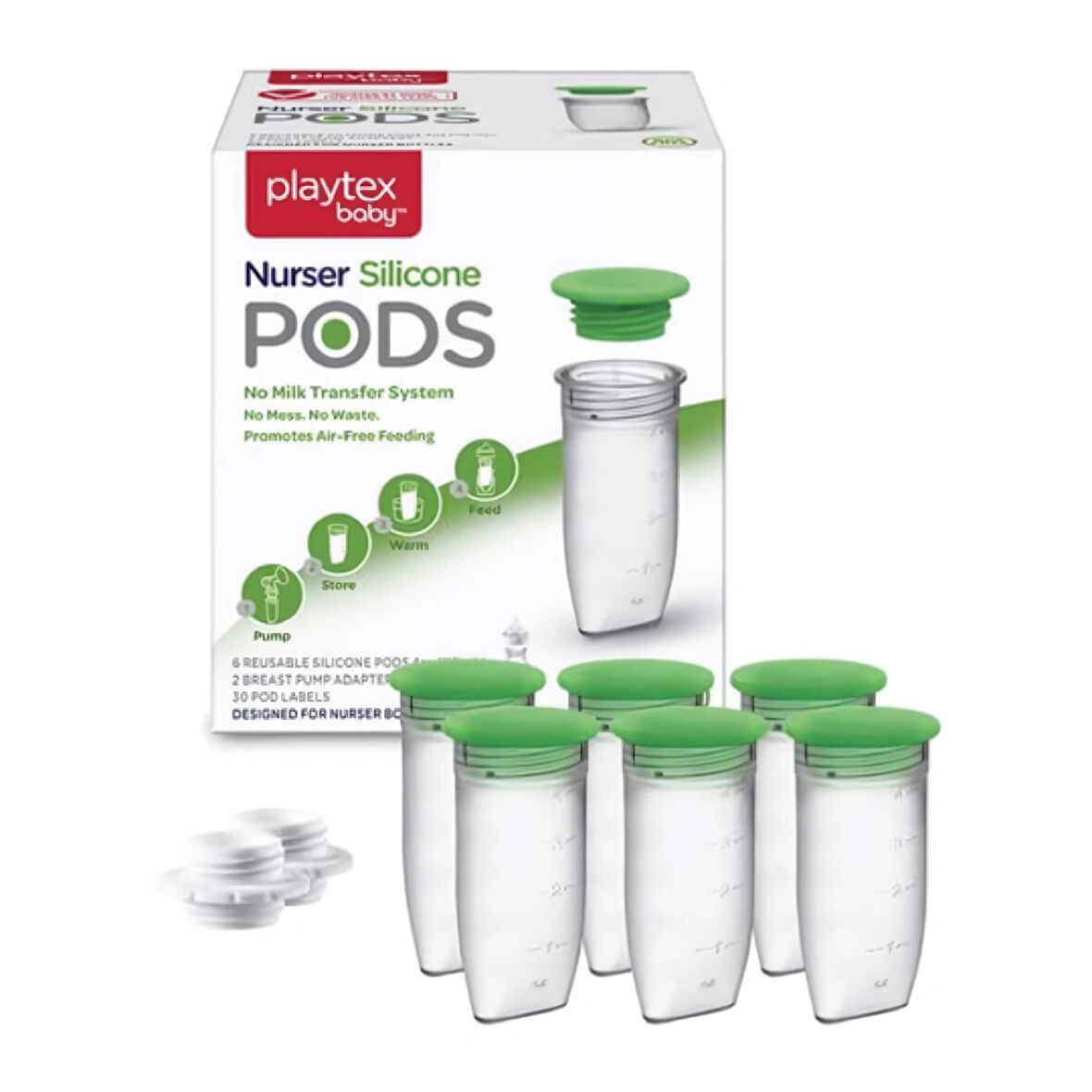 Playtex Baby™ Silikon PODS® Anne Sütü Saklama  Kapları & Nurser Biberon Uyumlu - Doğrudan Sağım ve Saklama, Dondurucu Uyumlu, Anti-Kolik Tasarım, 118 ml, 6lı Paket, 0+ Ay, 2 Adet Pompa Adaptörü ile 