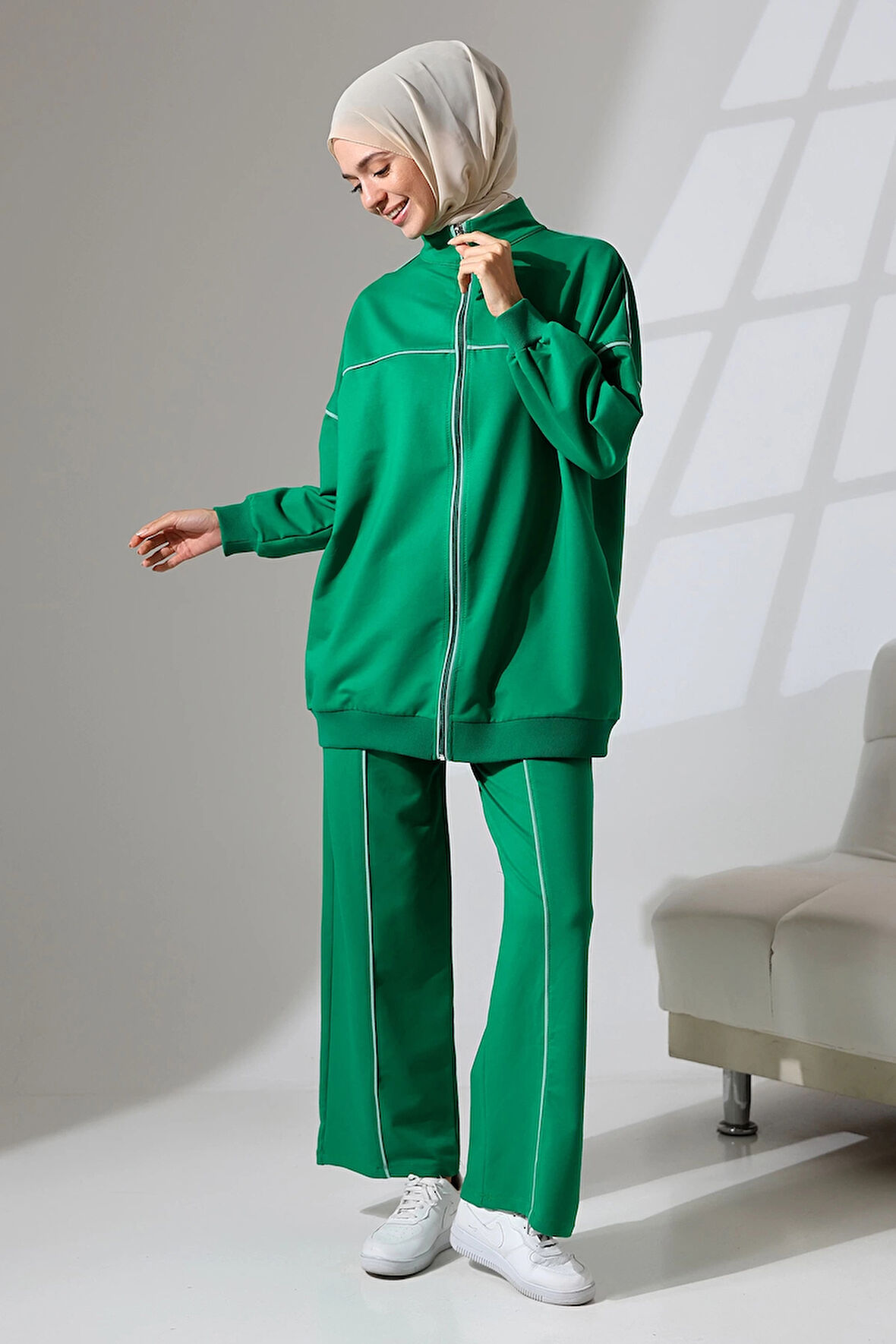 Kadın Benetton Yeşili Mevsimlik Penye Alt Üst Spor Ve Rahat Ikili Tunik Pantolon Şık Tesettür Takım