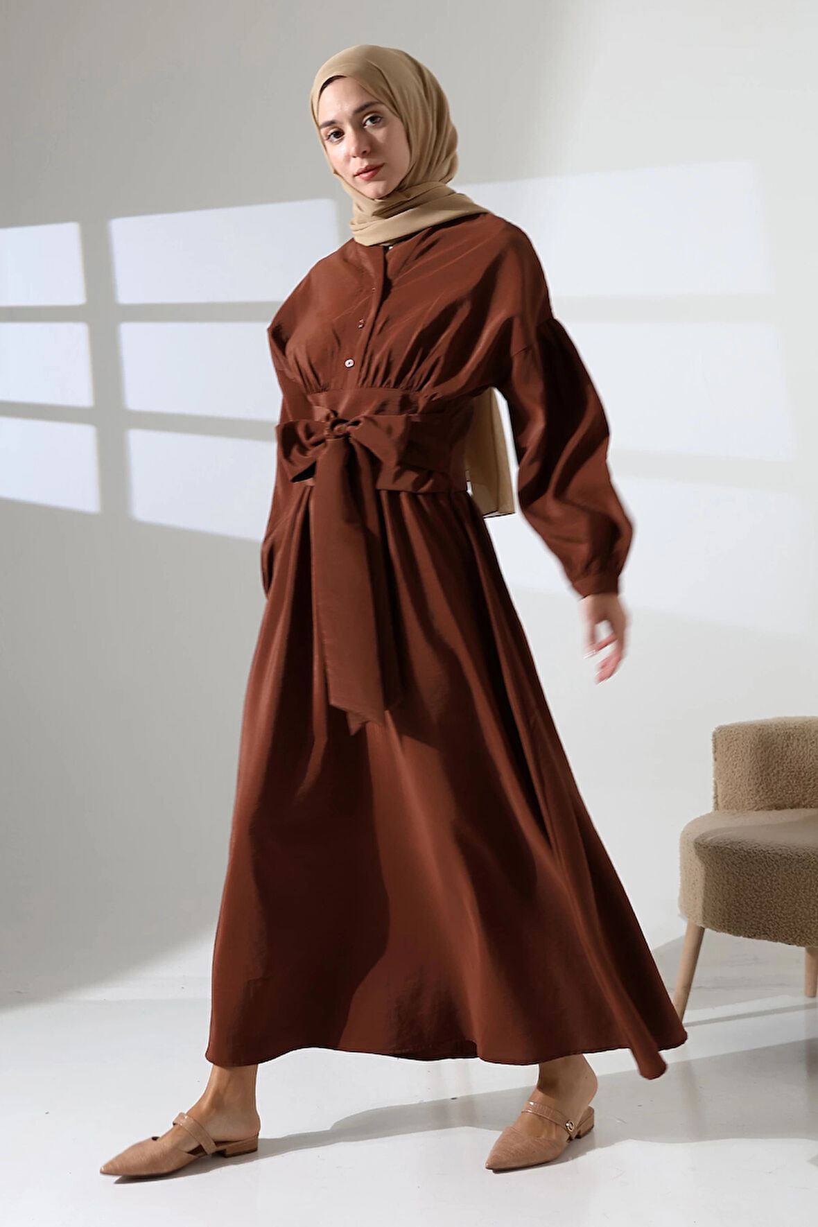 Kadın 100% Pamuk Modal Kahverengi Gömlek Etek Tesettür Takım