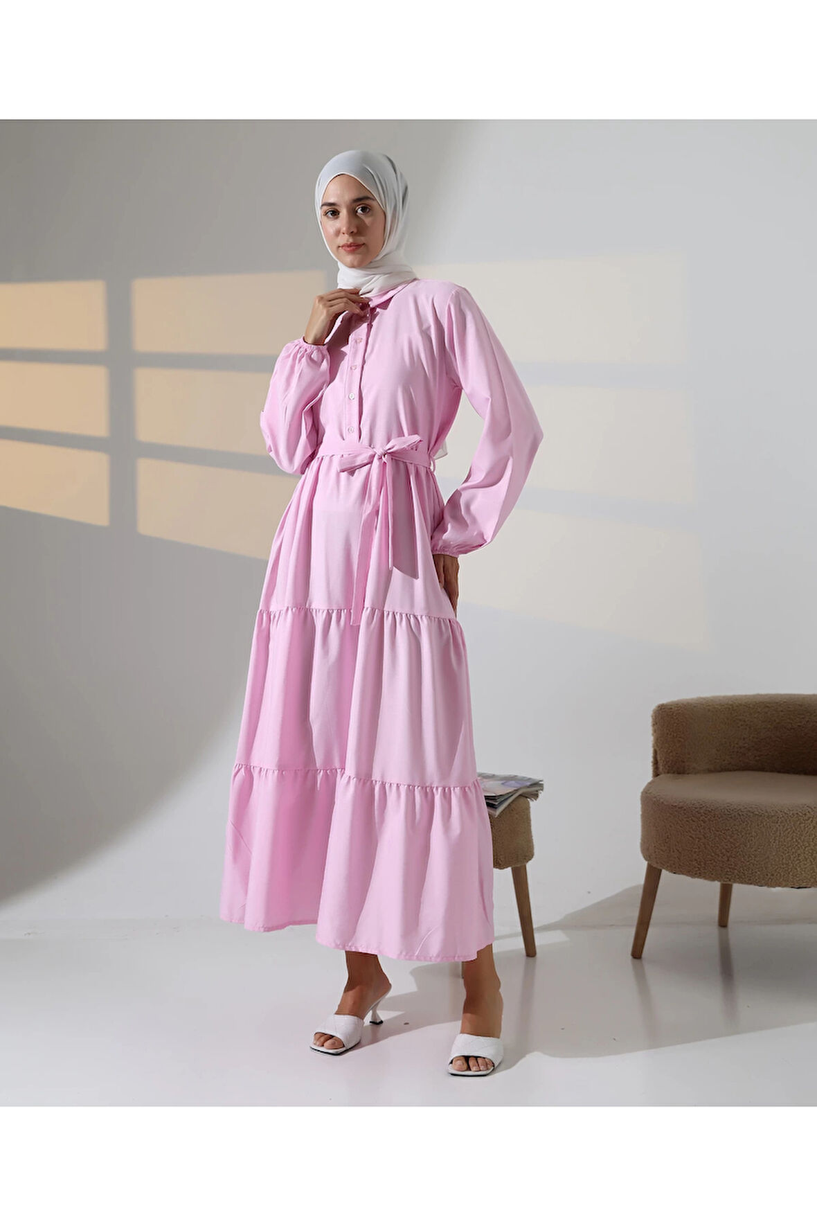 Kadın 100% Pamuk Viskon Desenli Pembe Tesettür Elbise