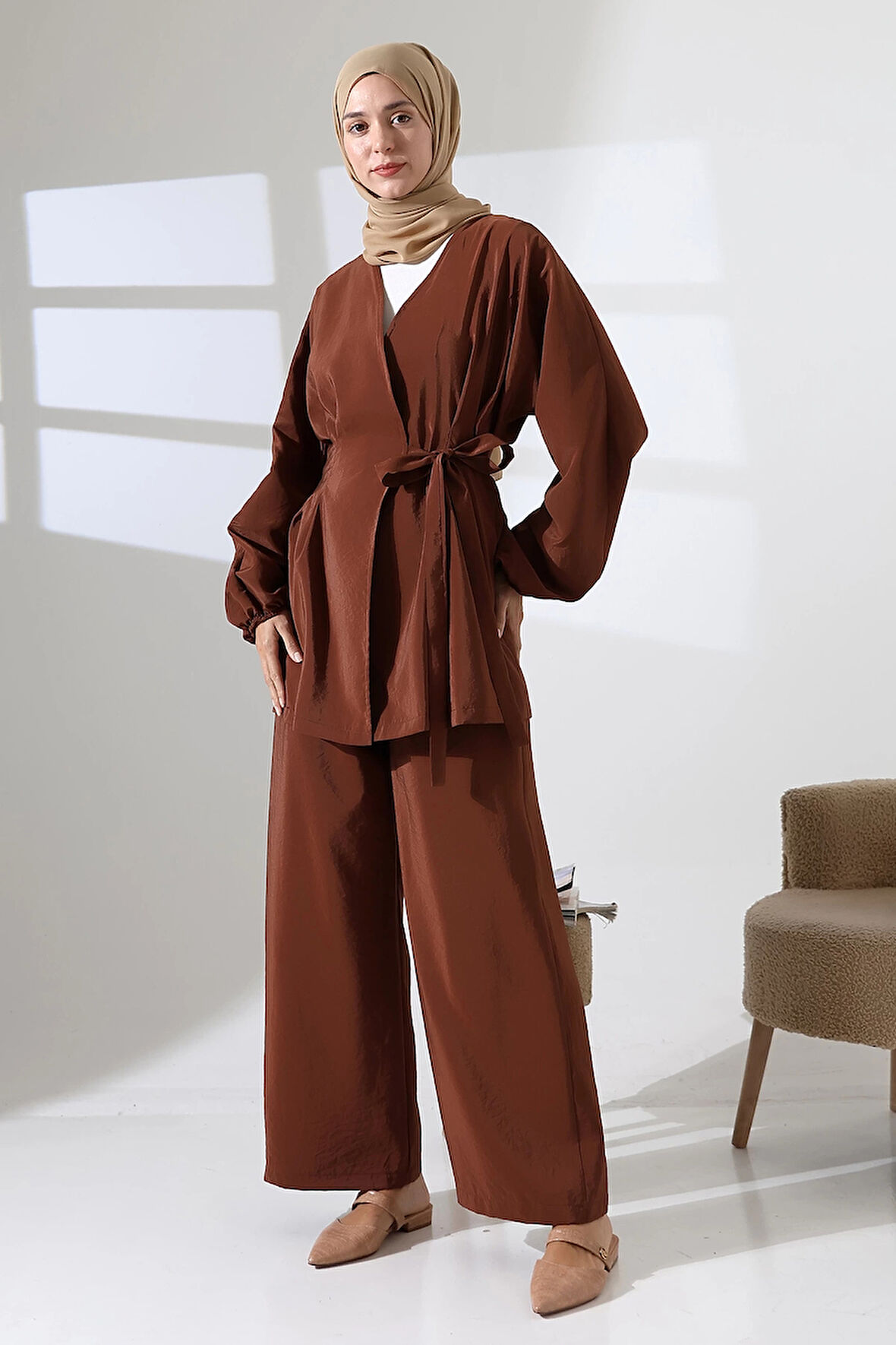 Kadın 100% Pamuk Modal Kahverengi Kimono Pantolon Tesettür Takım
