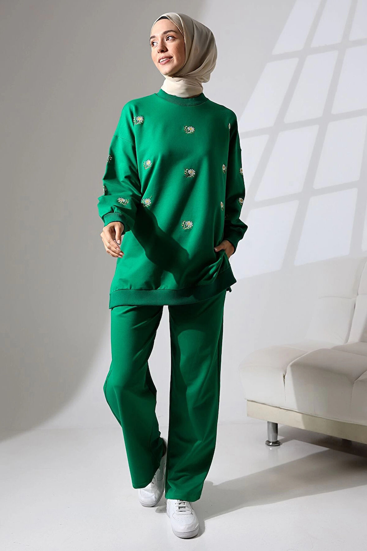 Kadın Benetton Yeşili Mevsimlik Penye Alt Üst Spor Ve Rahat Ikili Tunik Pantolon Şık Tesettür Takım