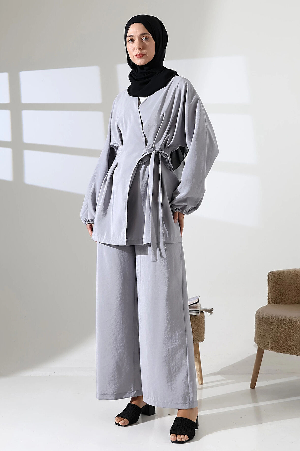 Kadın 100% Pamuk Modal Gri Kimono Pantolon Tesettür Takım