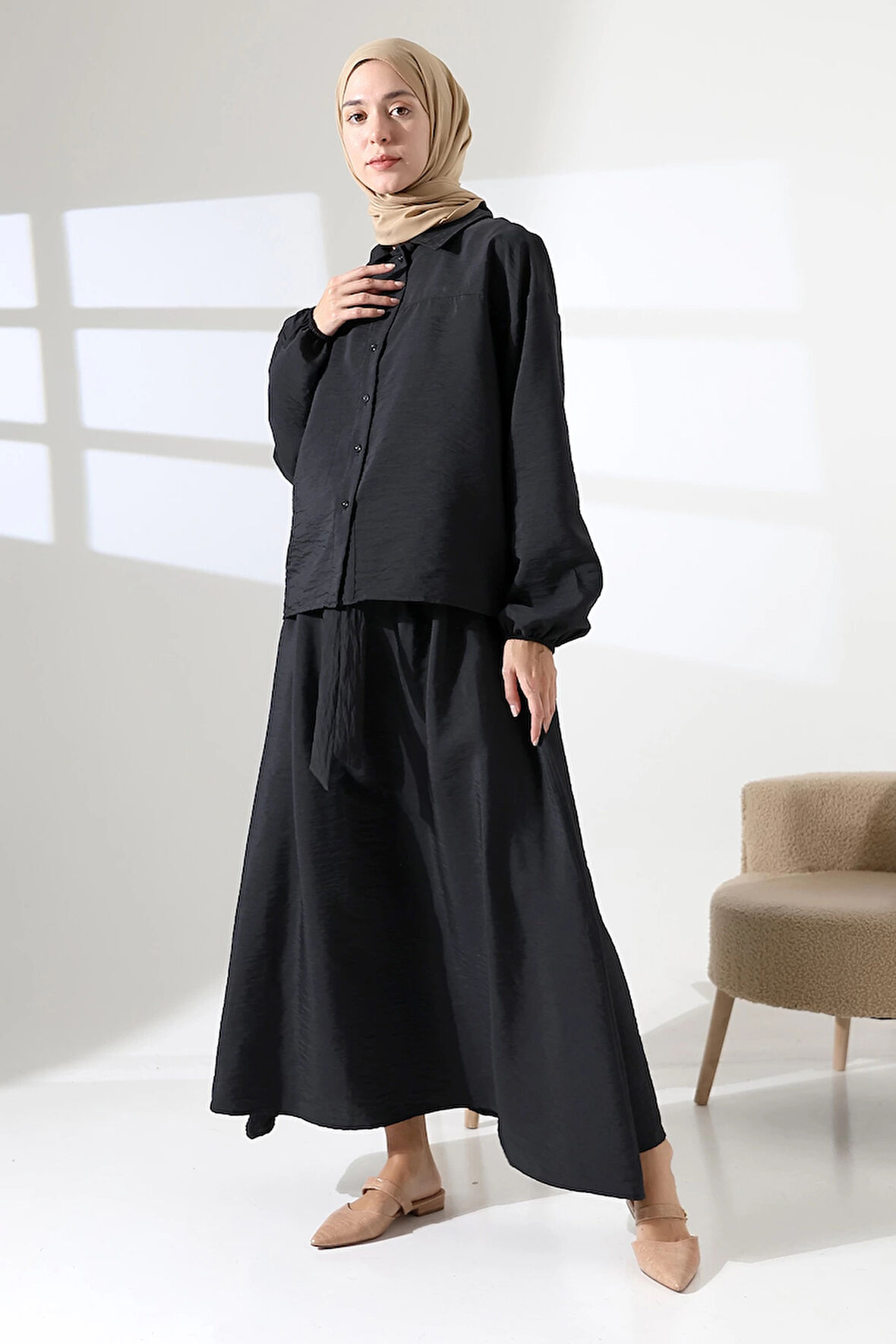 Kadın 100% Pamuk Modal Siyah Gömlek Etek Tesettür Takım