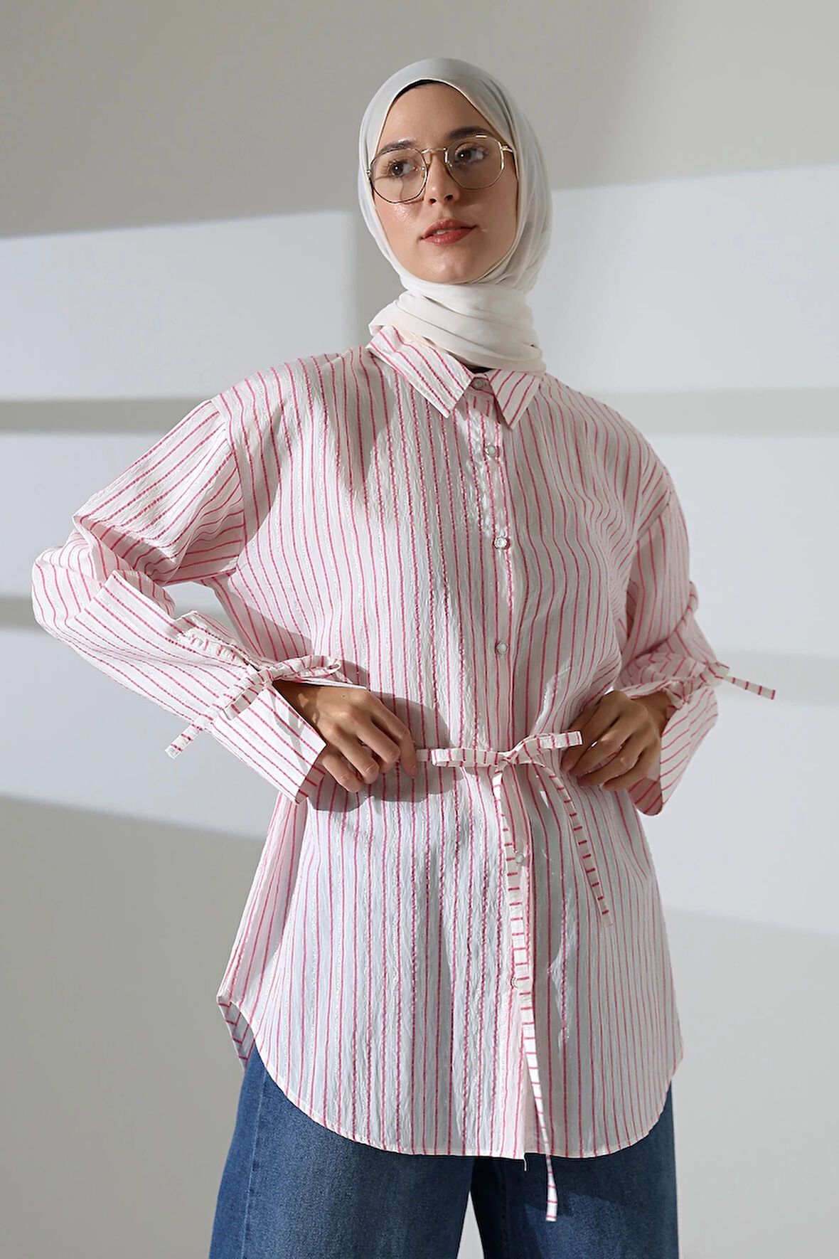 Kadın Modal Dokuma Kumaş Pembe Tesettür Gömlek