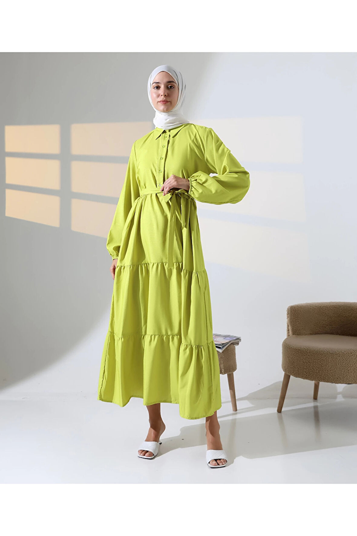 Kadın 100% Pamuk Viskon Desenli Yeşil Tesettür Elbise