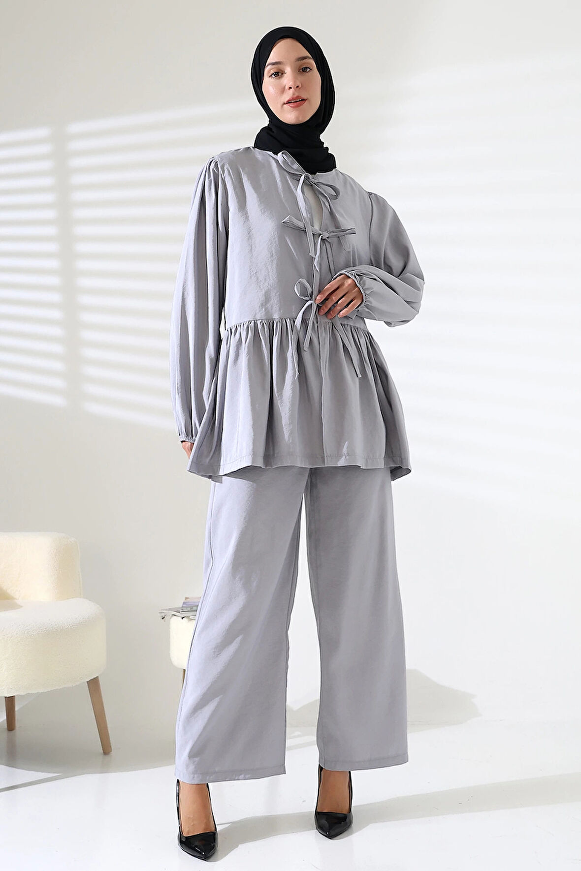 Kadın 100% Pamuk Modal Gri Gömlek Pantolon Tesettür Takım