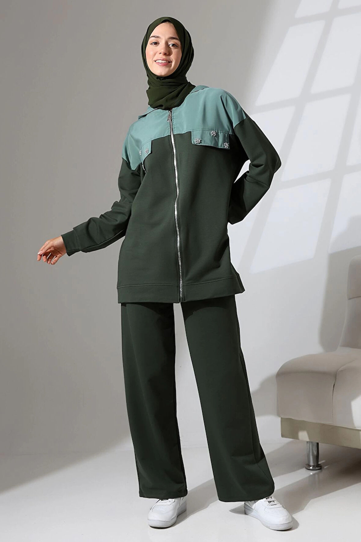 Kadın Haki Yeşili Mevsimlik Penye Alt Üst Spor Ve Rahat Ikili Tunik Pantolon Şık Tesettür Takım
