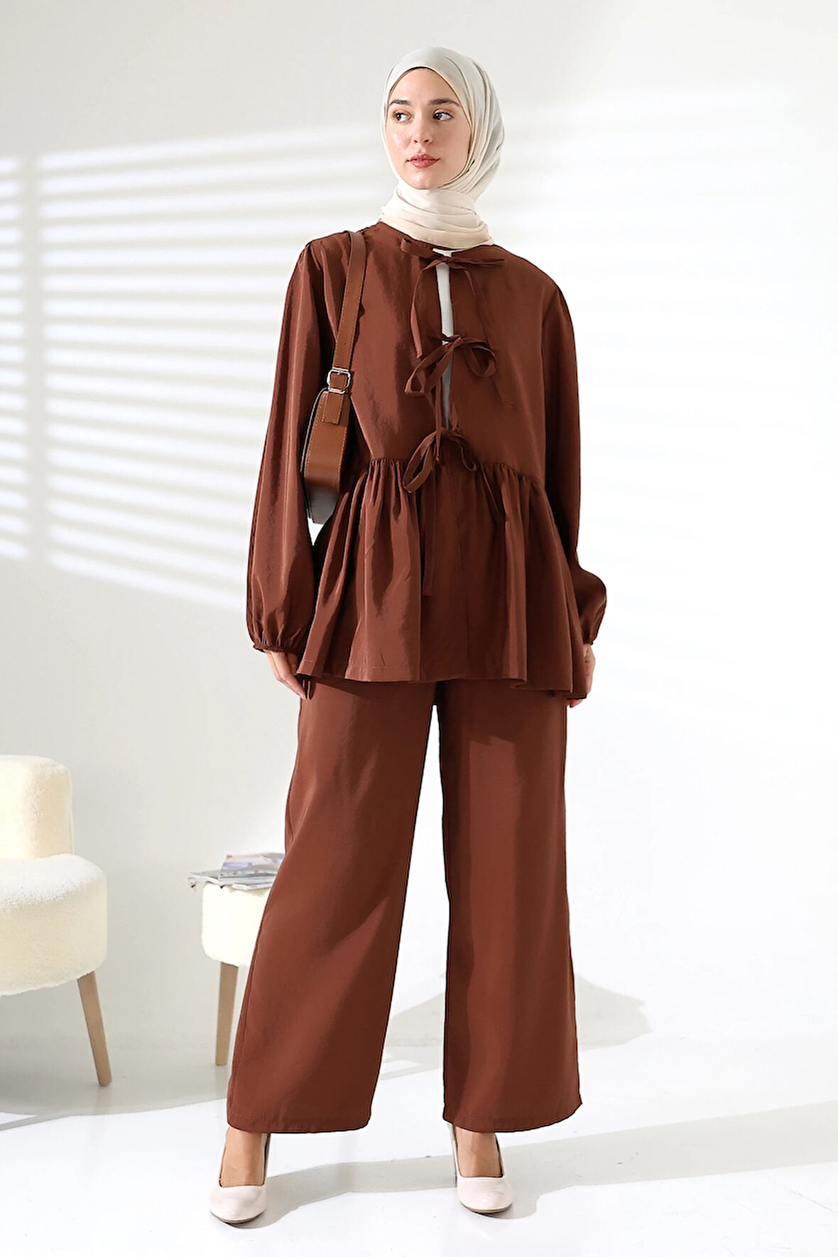 Kadın 100% Pamuk Modal Kahverengi Gömlek Pantolon Tesettür Takım