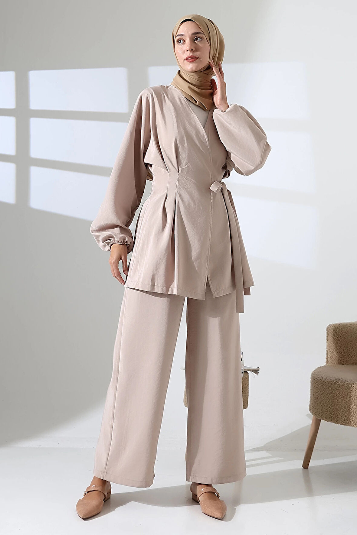 Kadın 100% Pamuk Modal Krem Kimono Pantolon Tesettür Takım