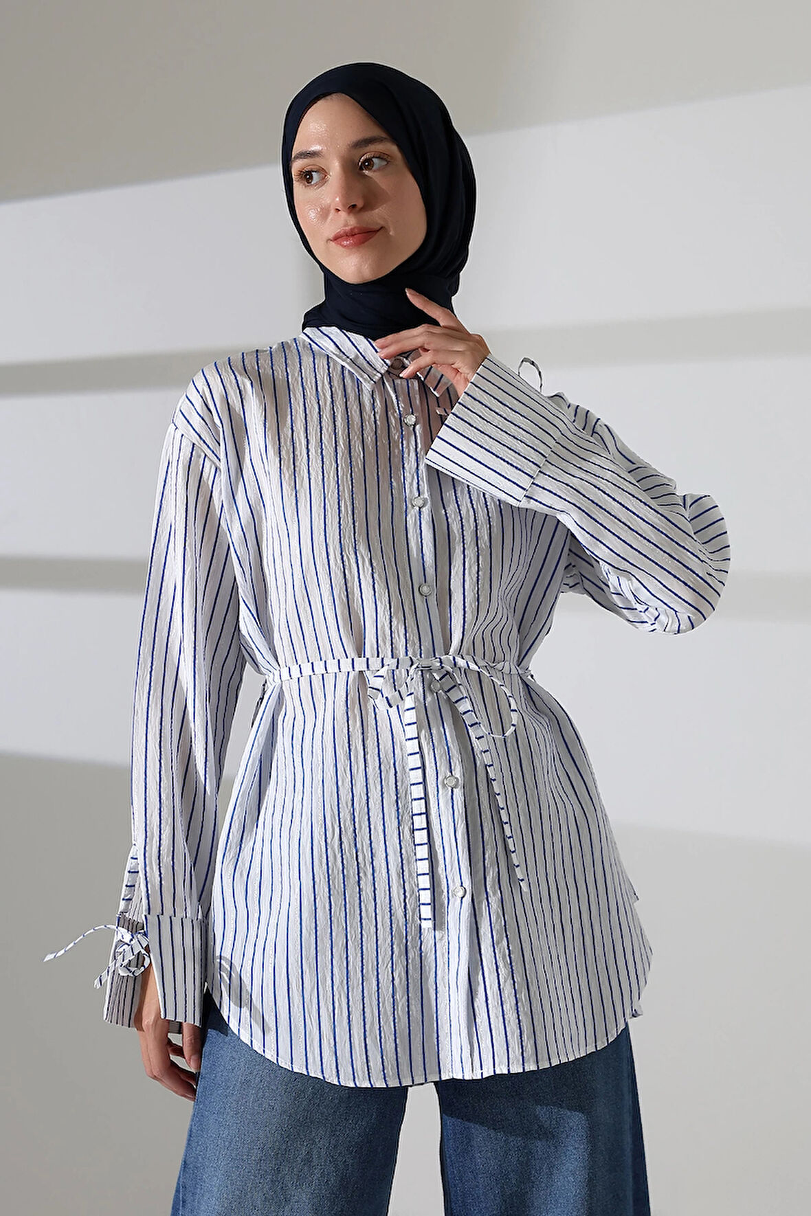 Kadın Modal Dokuma Kumaş Lacivert Tesettür Gömlek