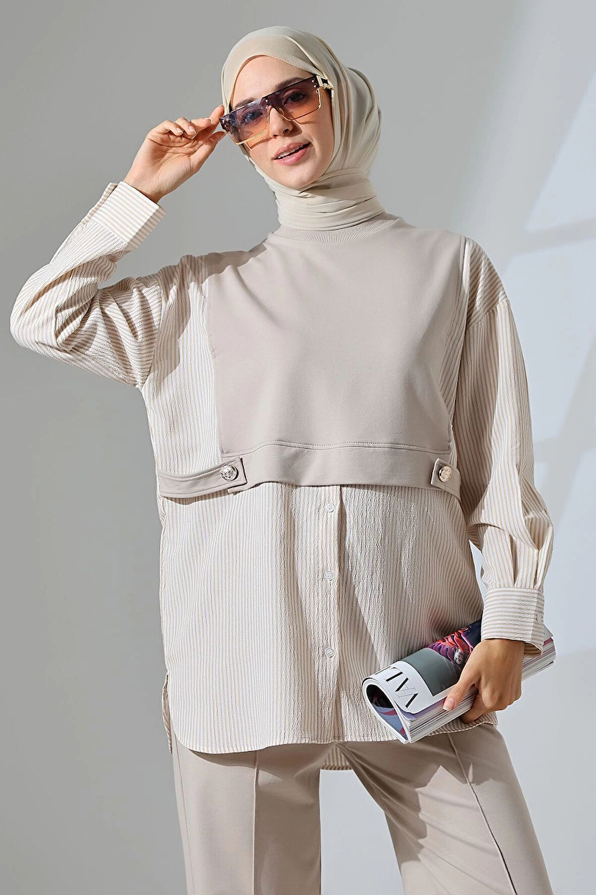 Kadın Taş Rengi Mevsimlik Penye Alt Üst Spor ve Rahat Tesettür Takım