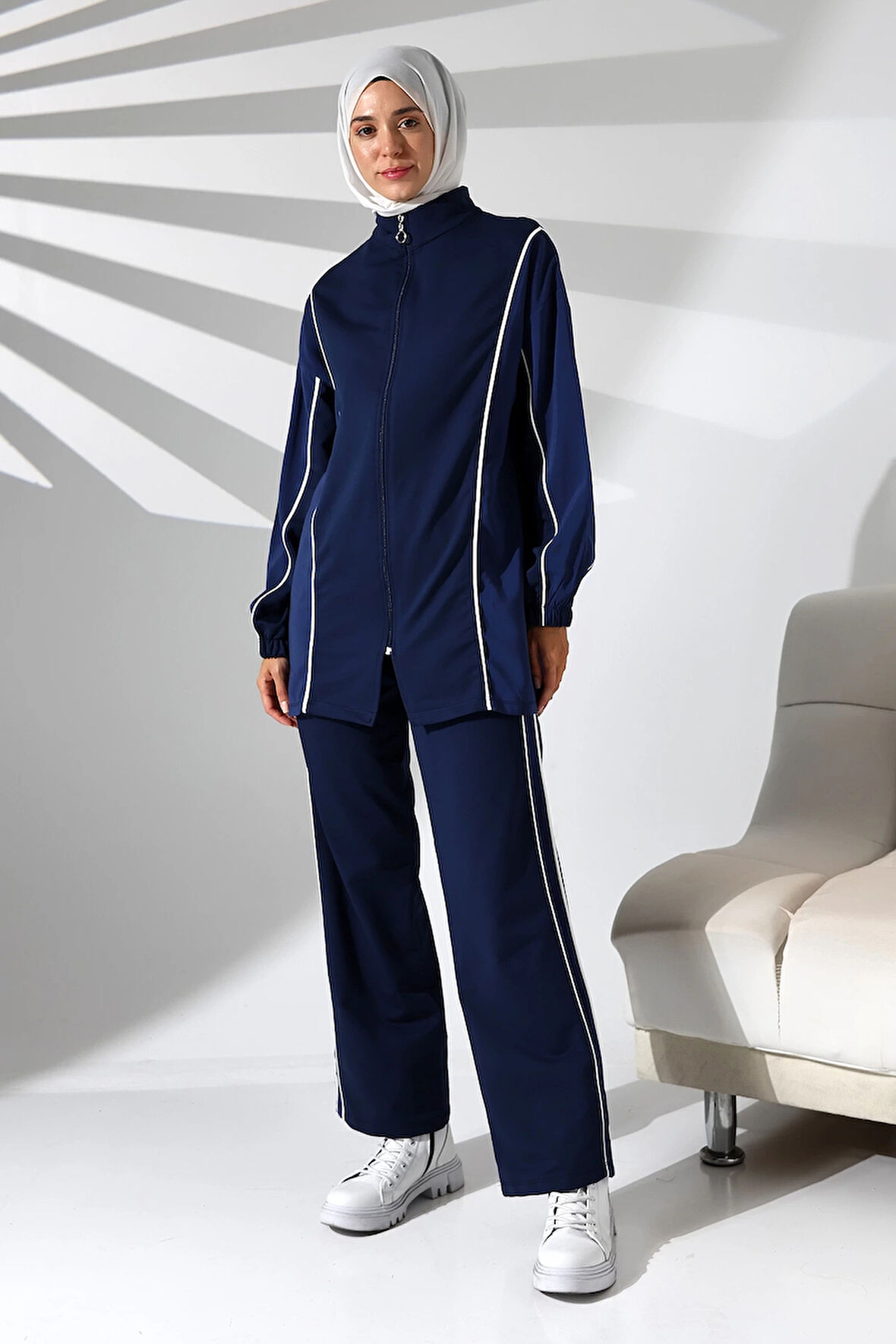 Kadın Mevsimlik Penye Alt Üst Spor Ve Rahat Lacivert Ikili Tunik Pantolon Şık Tesettür Takım