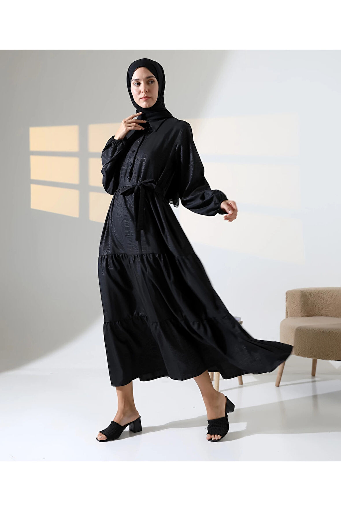 Kadın 100% Pamuk Viskon Desenli Siyah Tesettür Elbise