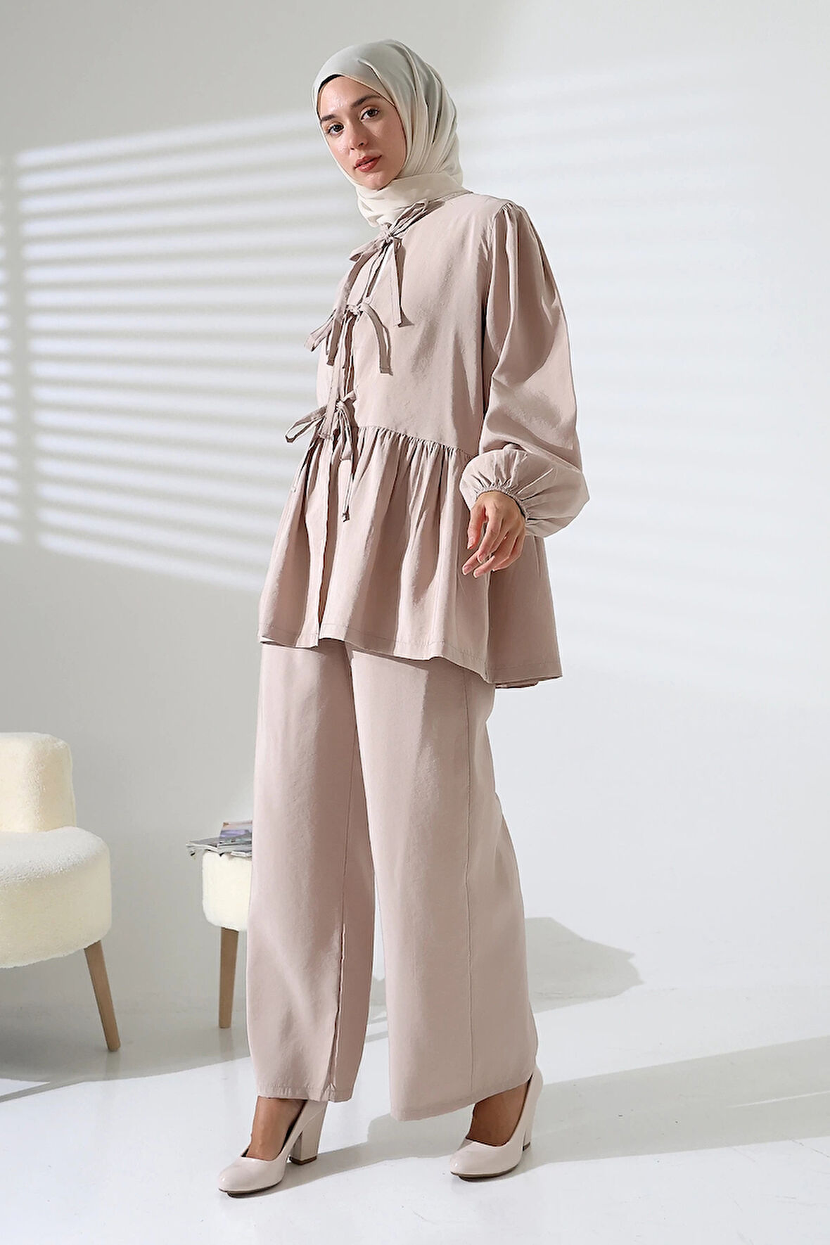 Kadın 100% Pamuk Modal Taş Rengi Gömlek Pantolon Tesettür Takım