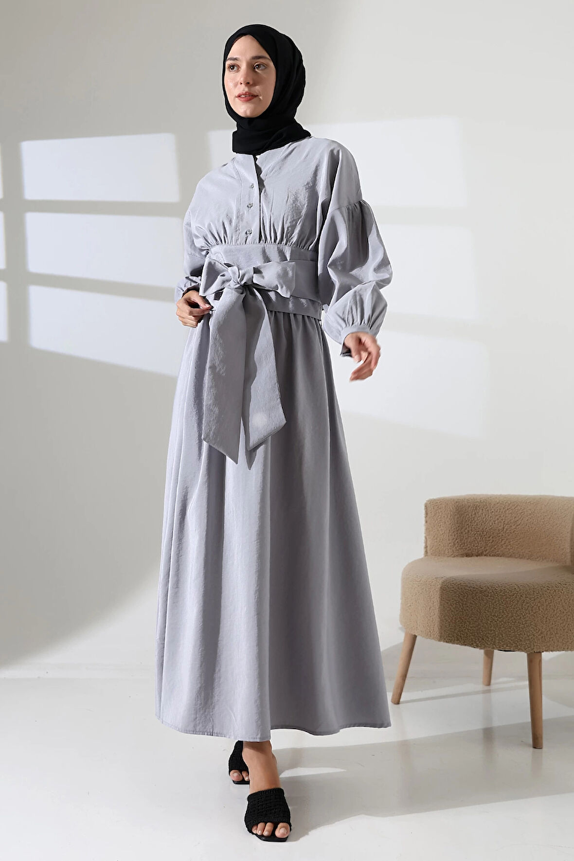 Kadın 100% Pamuk Modal Gri Gömlek Etek Tesettür Takım