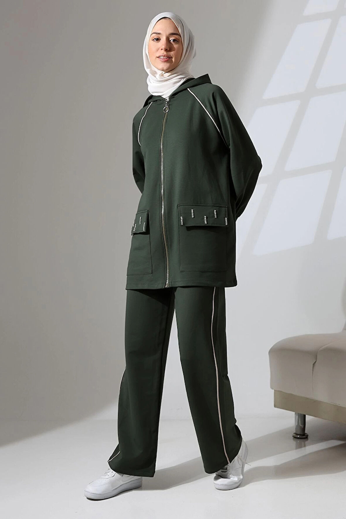 Kadın Haki Yeşili Mevsimlik Penye Alt Üst Spor Ve Rahat Ikili Tunik Pantolon Şık Tesettür Takım