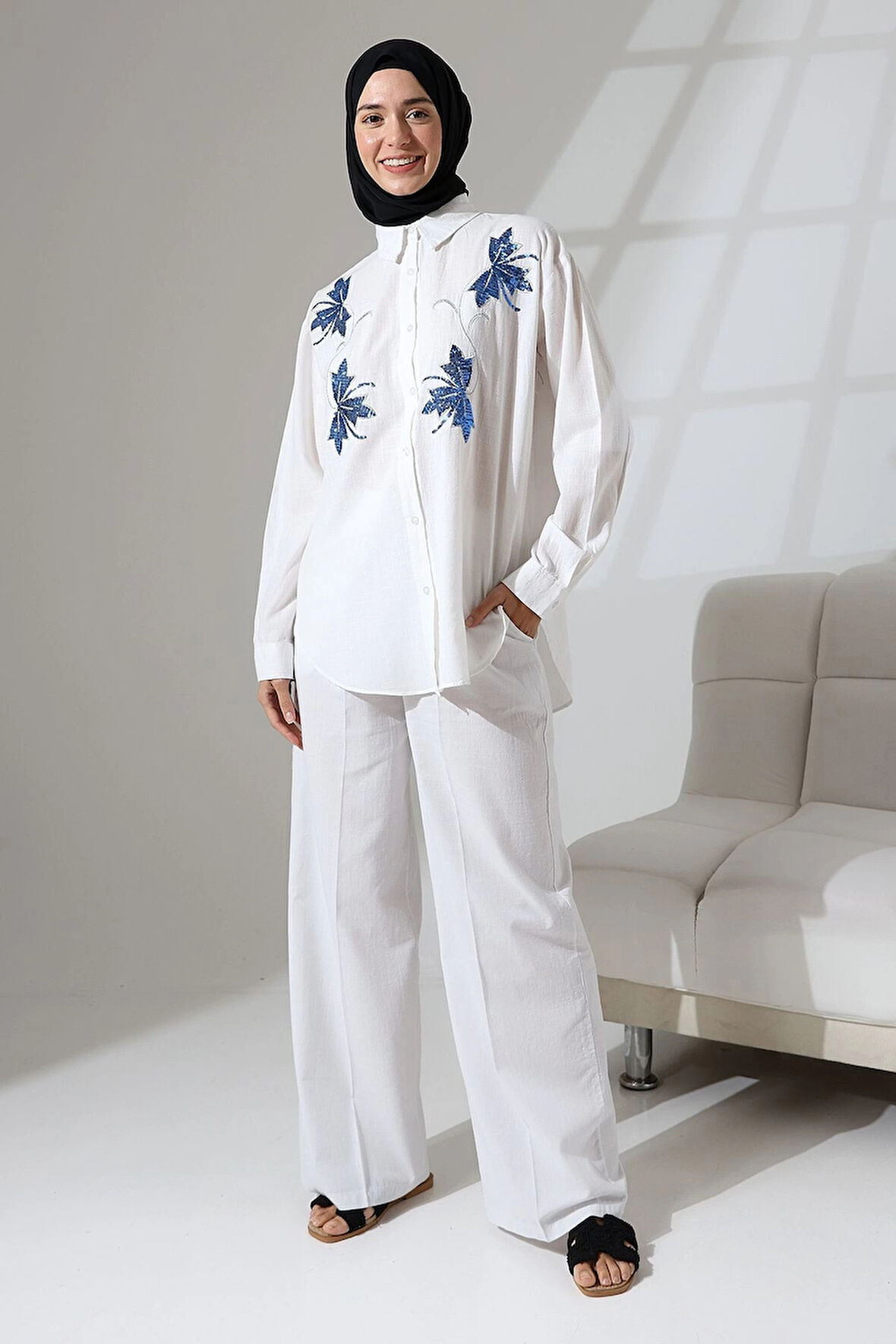 100% Pamuk Keten Günlük ve Rahat Çiçek Desen Nakışlı Pullu Gömlek Pantolon Yazlık Alt Üst  Takım