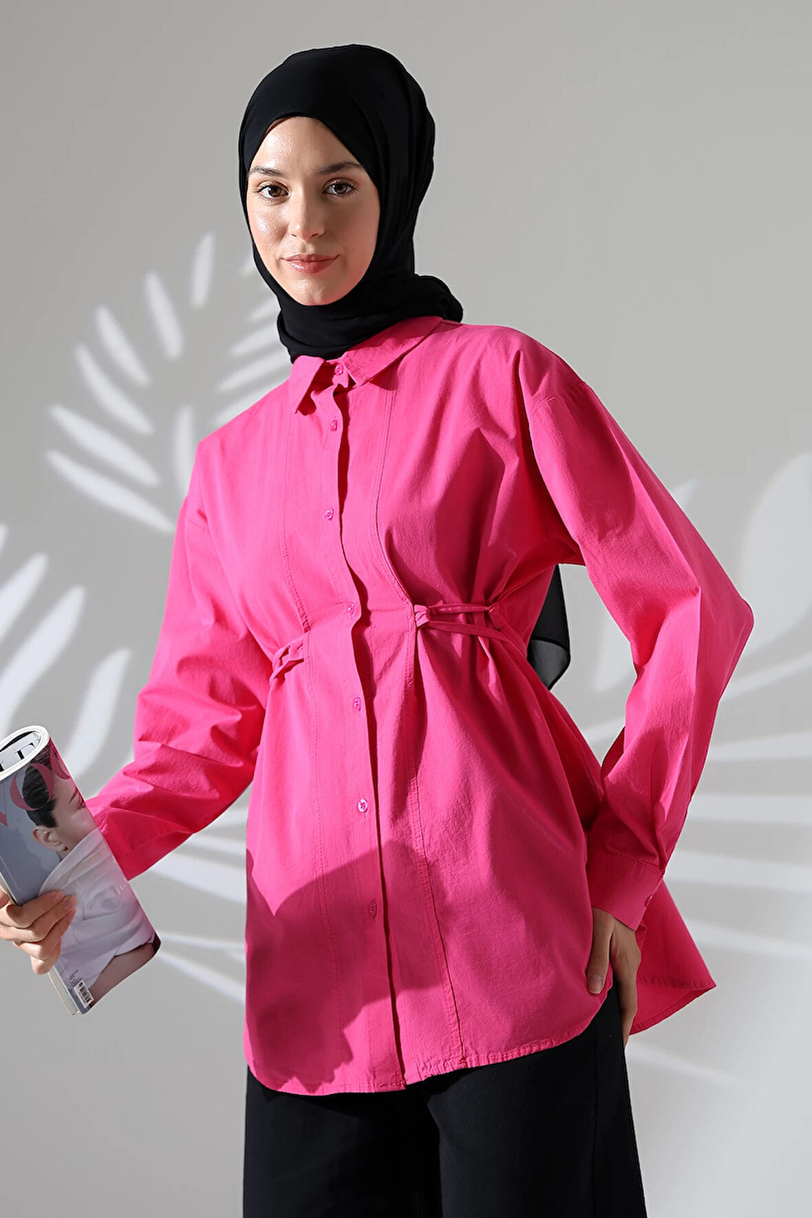 Kadın 100% Pamuk Poplin Kumaş Fuşya Tesettür Gömlek