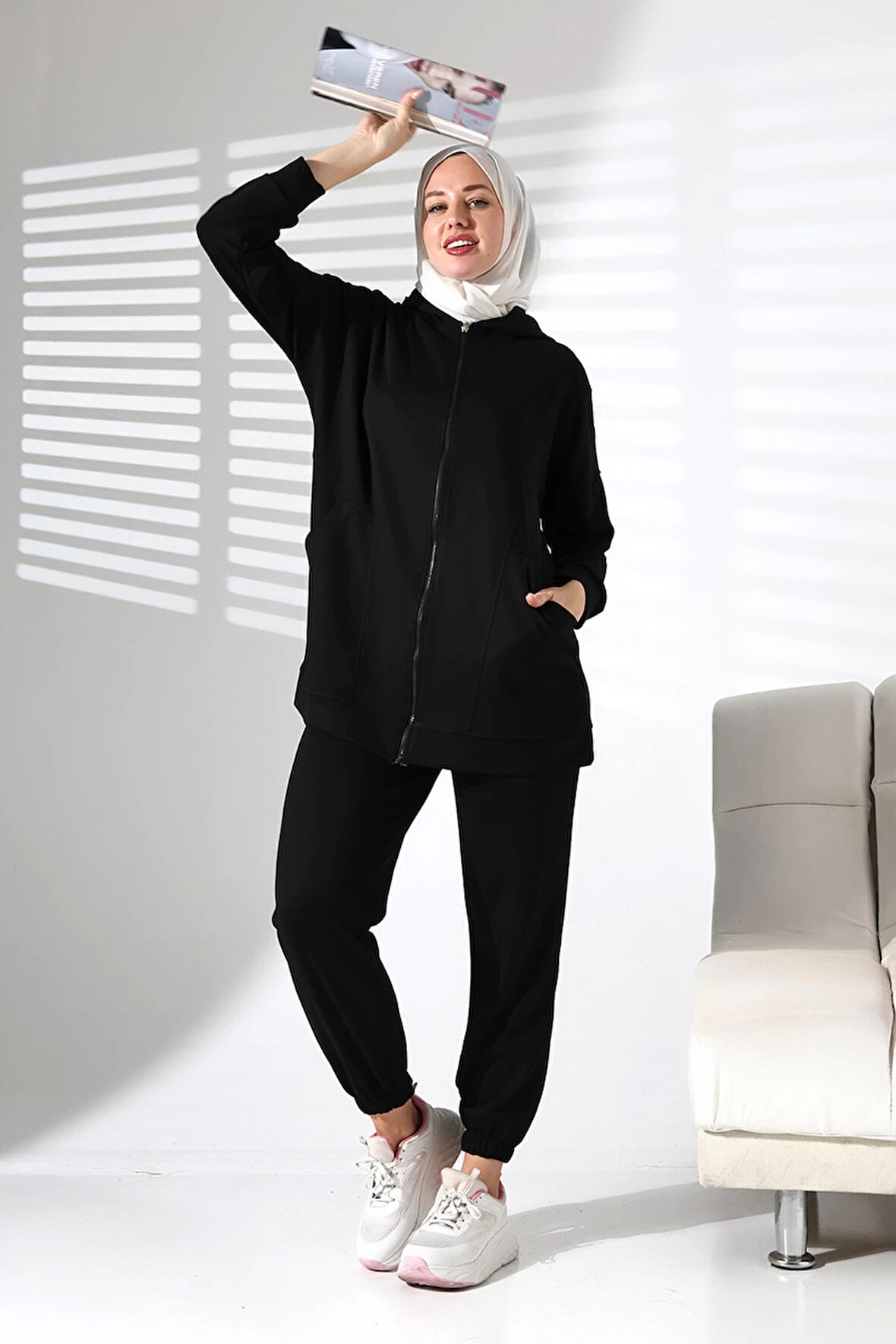 Kadın Mevsimlik Alt Üst Rahat Siyah Spor Ikili Tunik Pantolon Şık Tesettür Takım