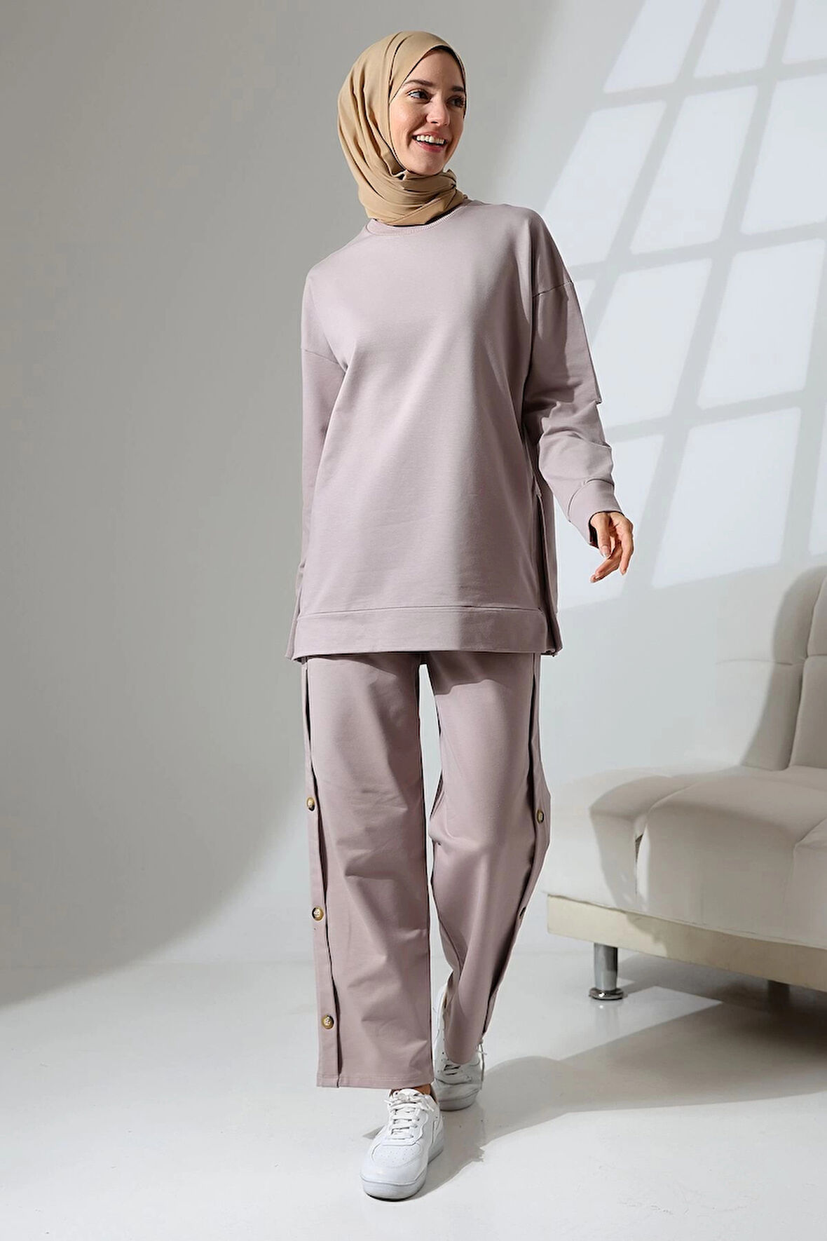 Kadın Gül Kurusu Mevsimlik Penye Alt Üst Spor ve Rahat Tesettür Takım