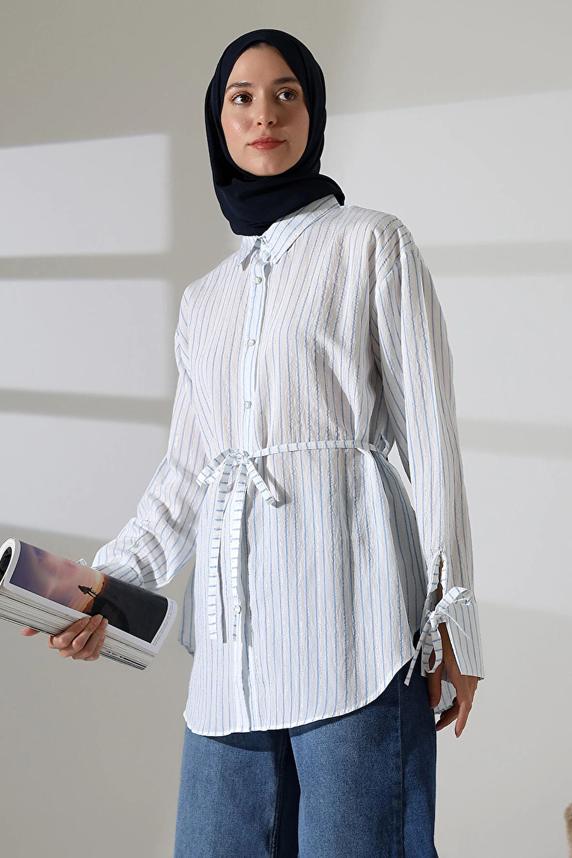 Kadın Modal Dokuma Kumaş Mavi Tesettür Gömlek