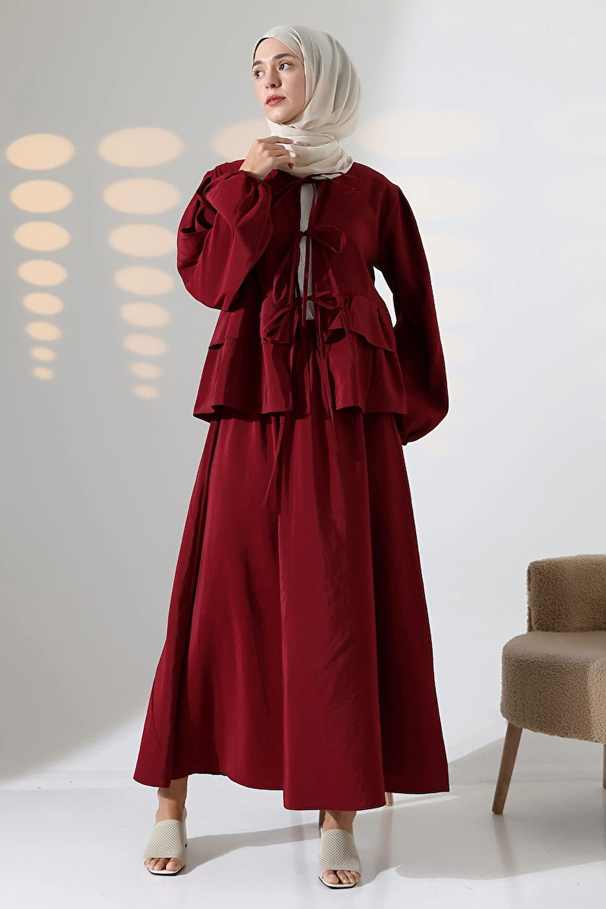 Kadın 100% Pamuk Modal Bordo Gömlek Etek Tesettür Takım