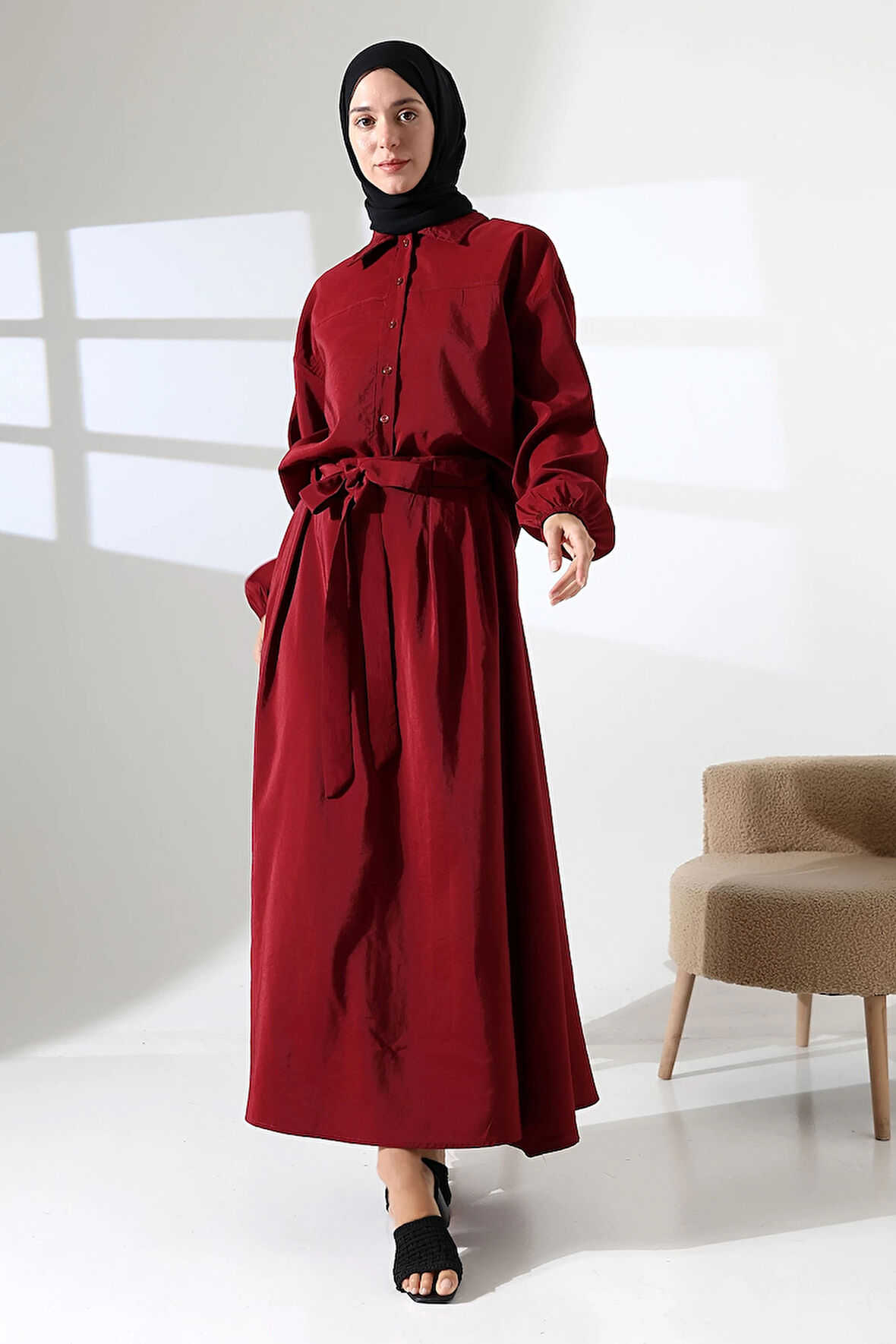 Kadın 100% Pamuk Modal Bordo Gömlek Etek Tesettür Takım
