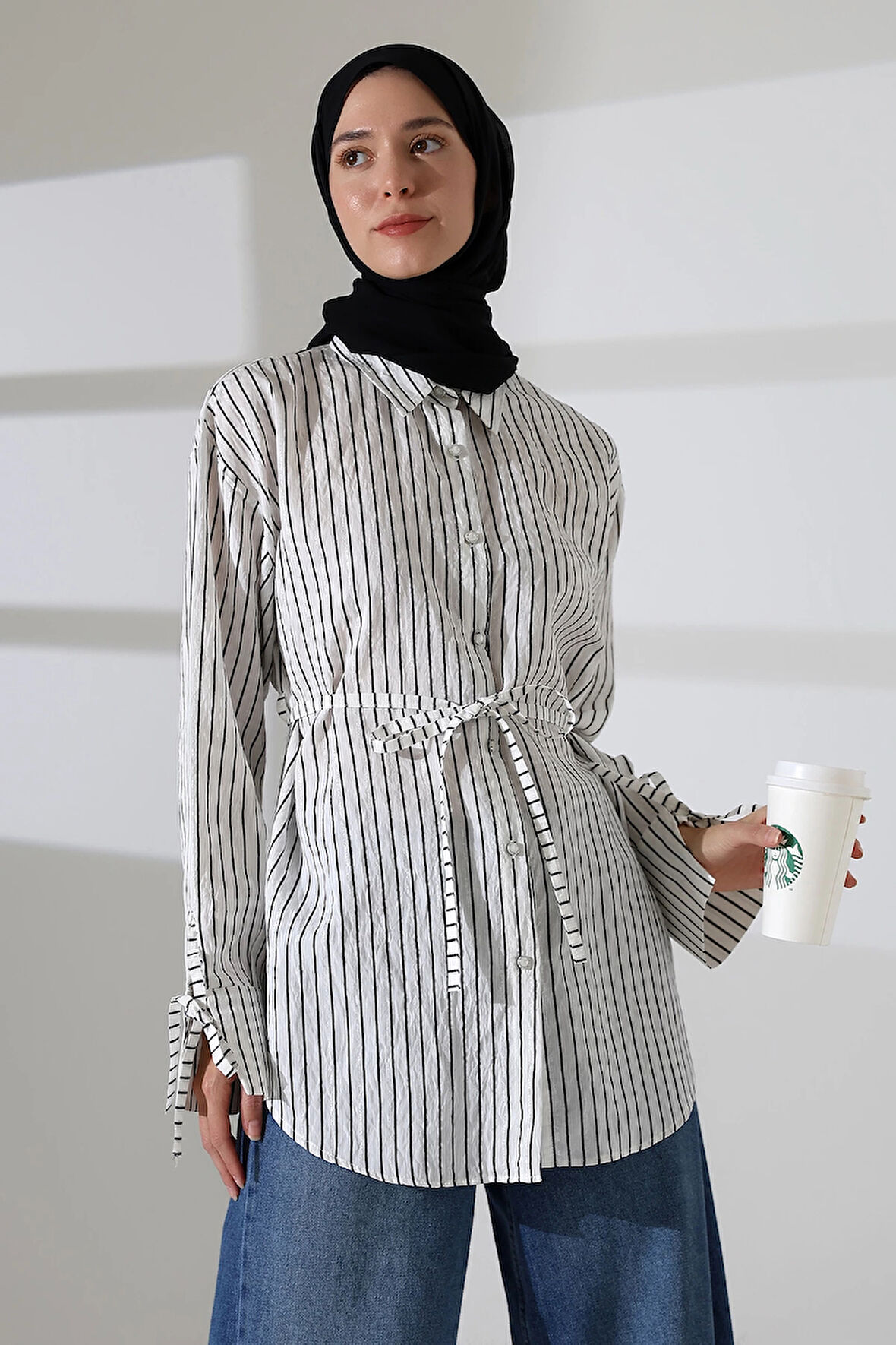 Kadın Modal Dokuma Kumaş Siyah Tesettür Gömlek