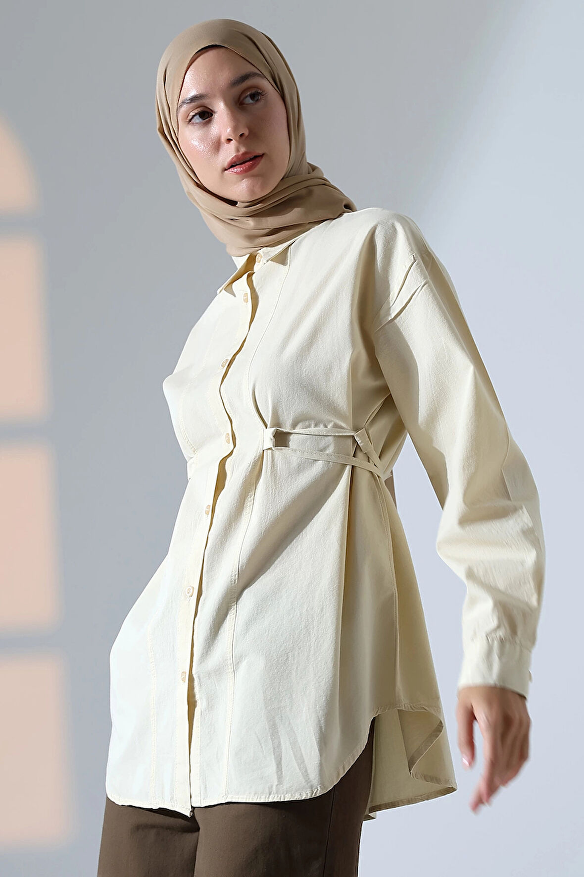 Kadın 100% Pamuk Poplin Kumaş Krem Tesettür Gömlek