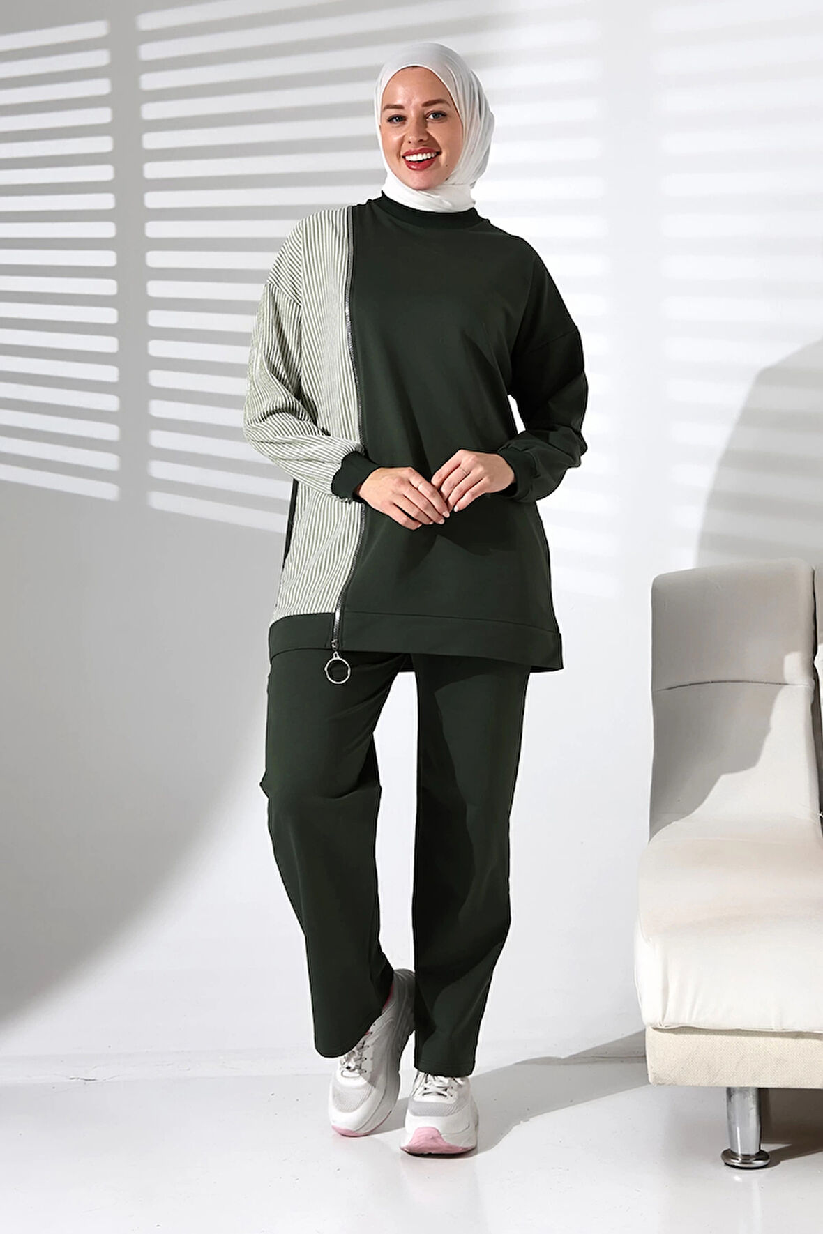 Kadın Mevsimlik Alt Üst Rahat Haki Spor Ikili Tunik Pantolon Şık Tesettür Takım