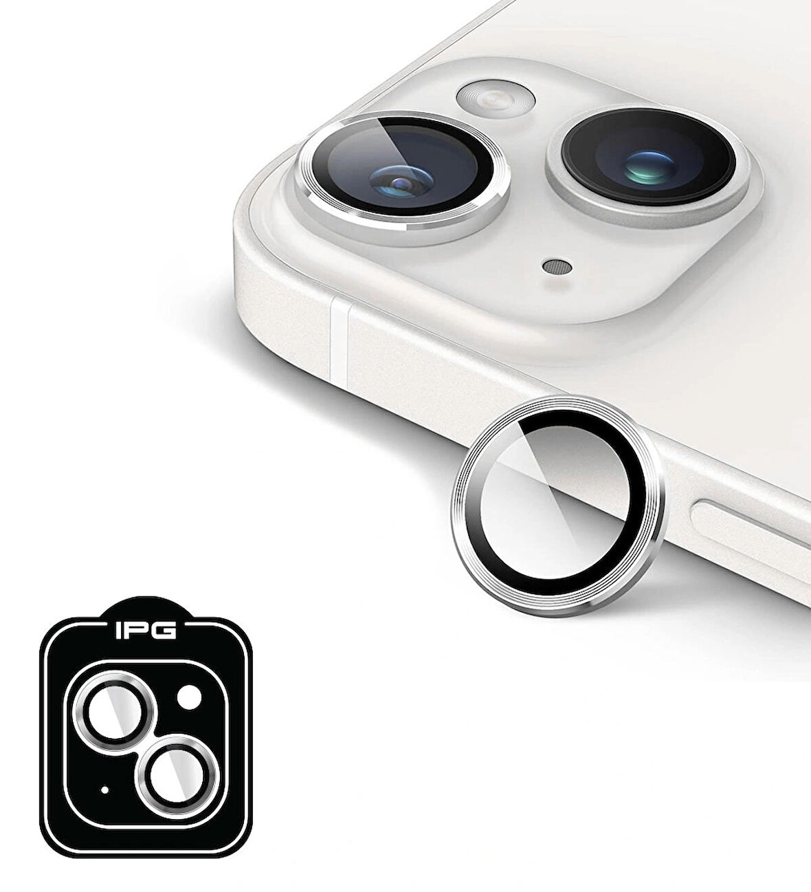 iPhone 14 / 14 Plus için IPG ProLENS Kamera Lens Koruyucu Alüminyum CD Çerçeveli, Kırılmaz Cam