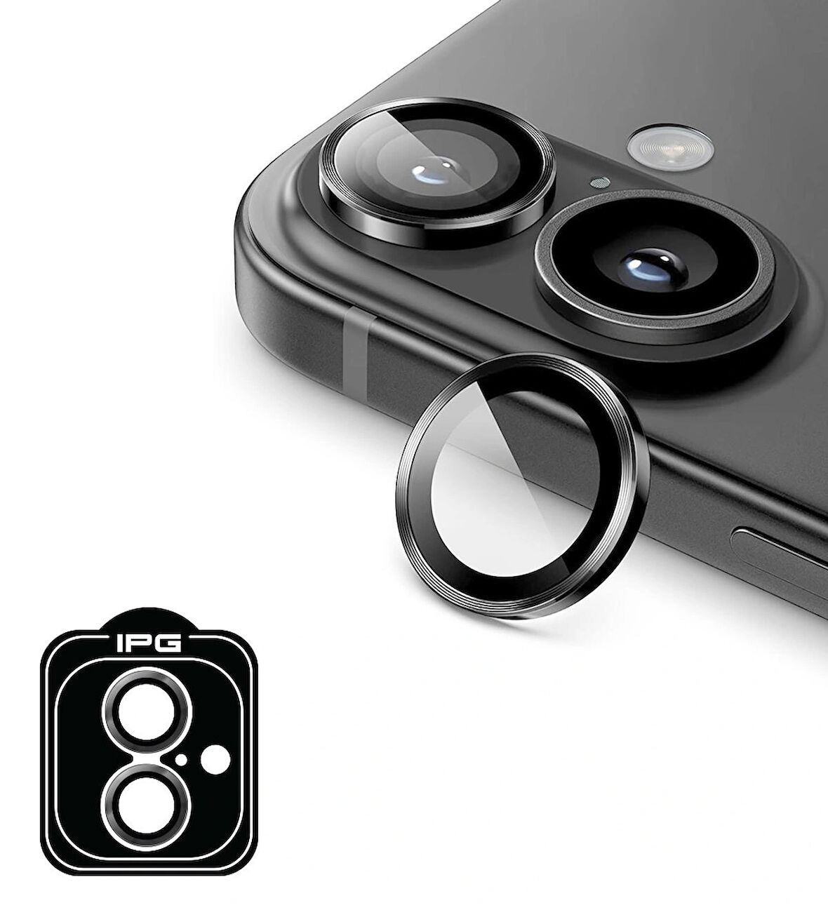 iPhone 16 / 16 Plus için IPG ProLENS Kamera Lens Koruyucu Alüminyum CD Çerçeveli, Kırılmaz Cam