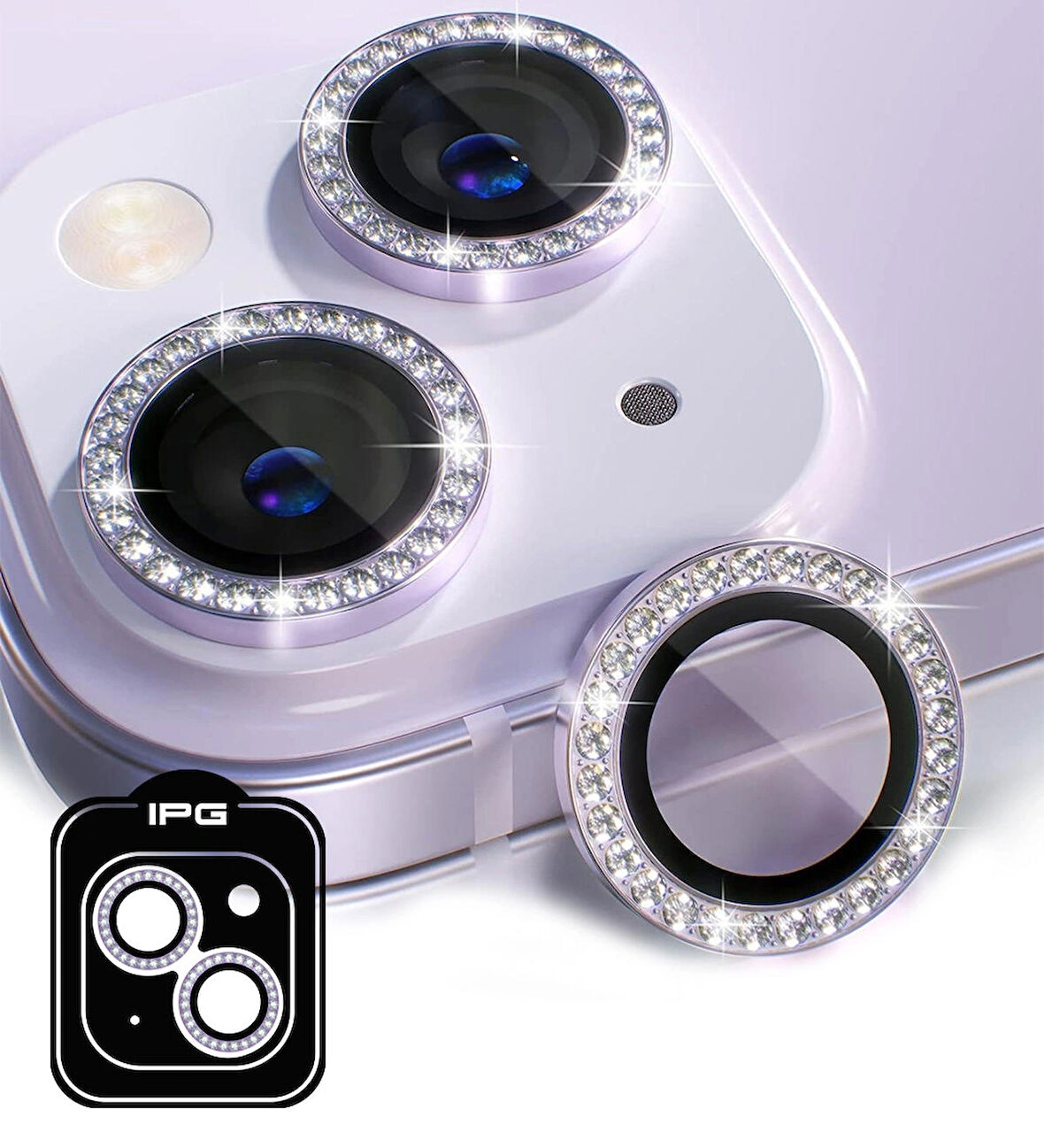 iPhone 15 / 15 Plus için IPG ProLENS Kamera Lens Koruyucu Elmas Taşlı Çerçeveli, Kırılmaz Cam