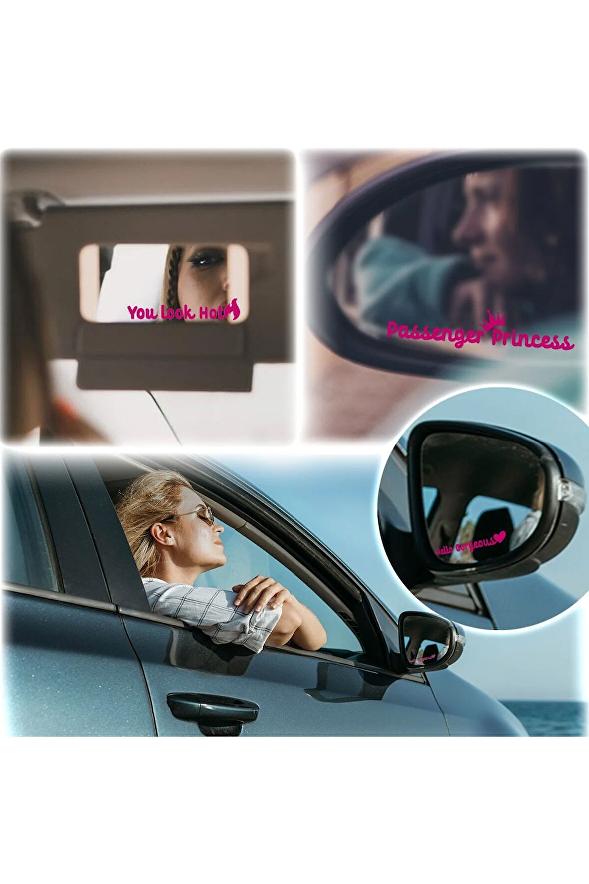 Araba Dikiz Aynası Etiketi Yolcu Aynası 3 Farklı Motive Edici Araba, Kask, Laptop Etiket Seti - Pembe - Kadınlar için Set