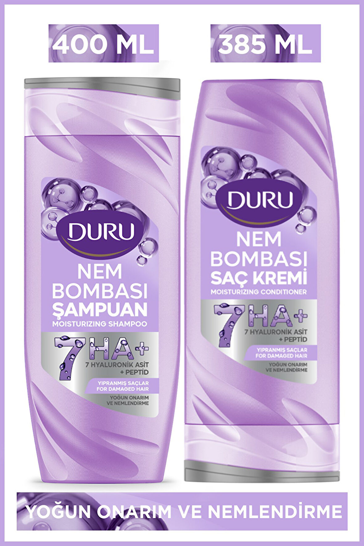 Duru Nem Bombası Yıpranmış Saçlar İçin Yoğun Onarıcı ve Nemlendirici Şampuan 400 Ml&Saç Kremi 385 Ml